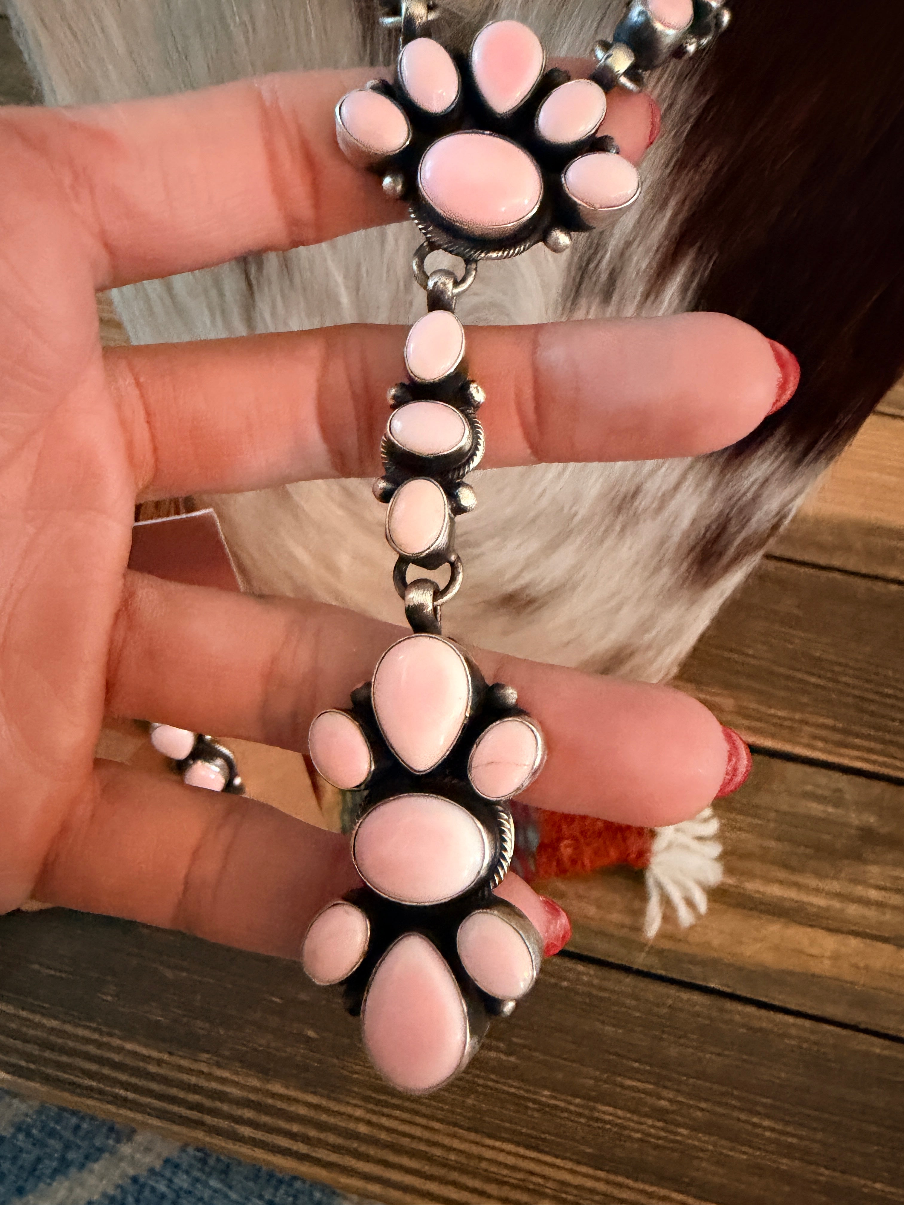 Handcrafted Queen Pink Conch & Sterling Silver Cluster Necklace and Earring Set by Travis Jim