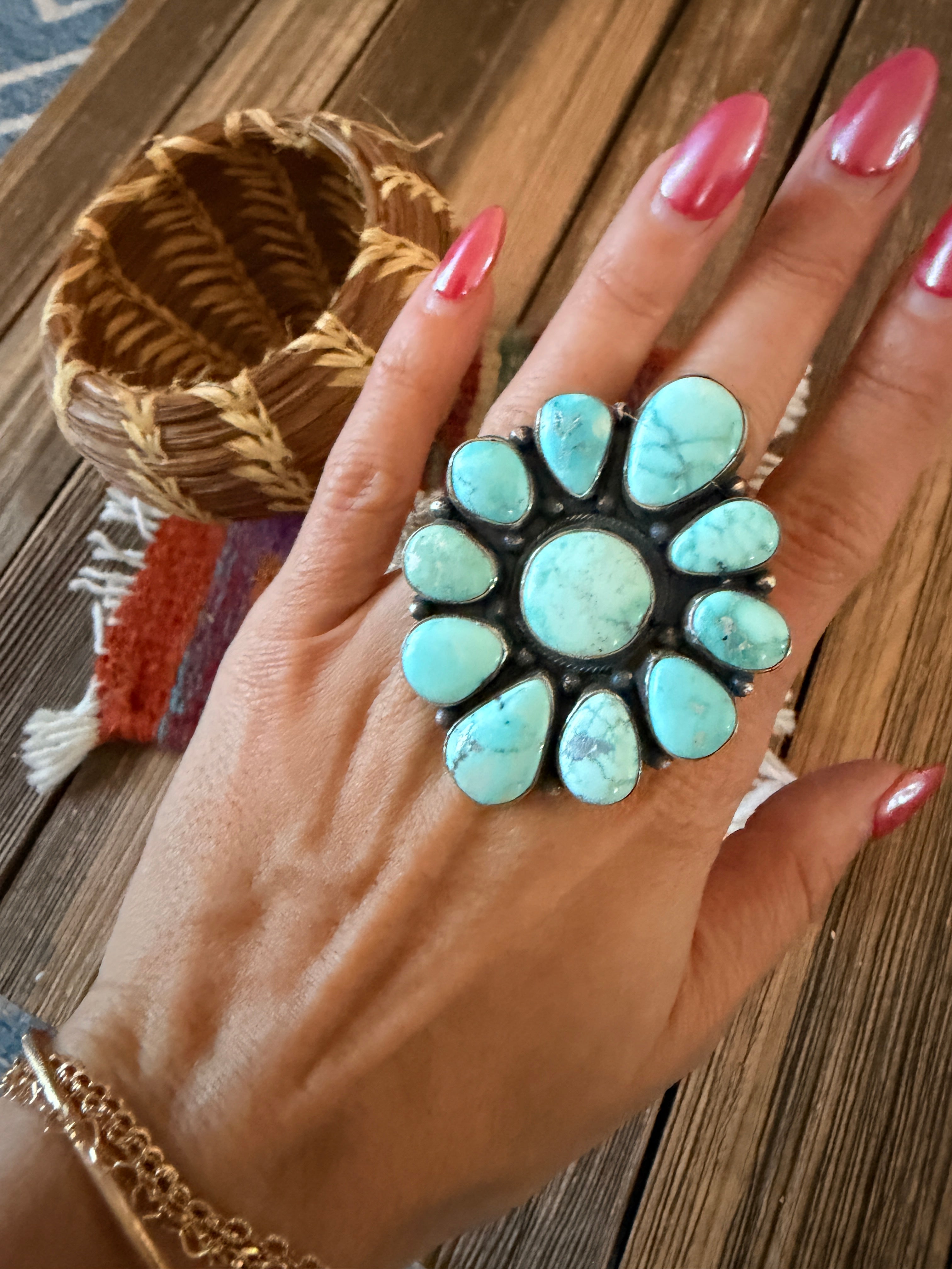 Handcrafted Carico Lake Turquoise & Sterling Silver Cluster Ring Size 8.75 by Sheila Becenti