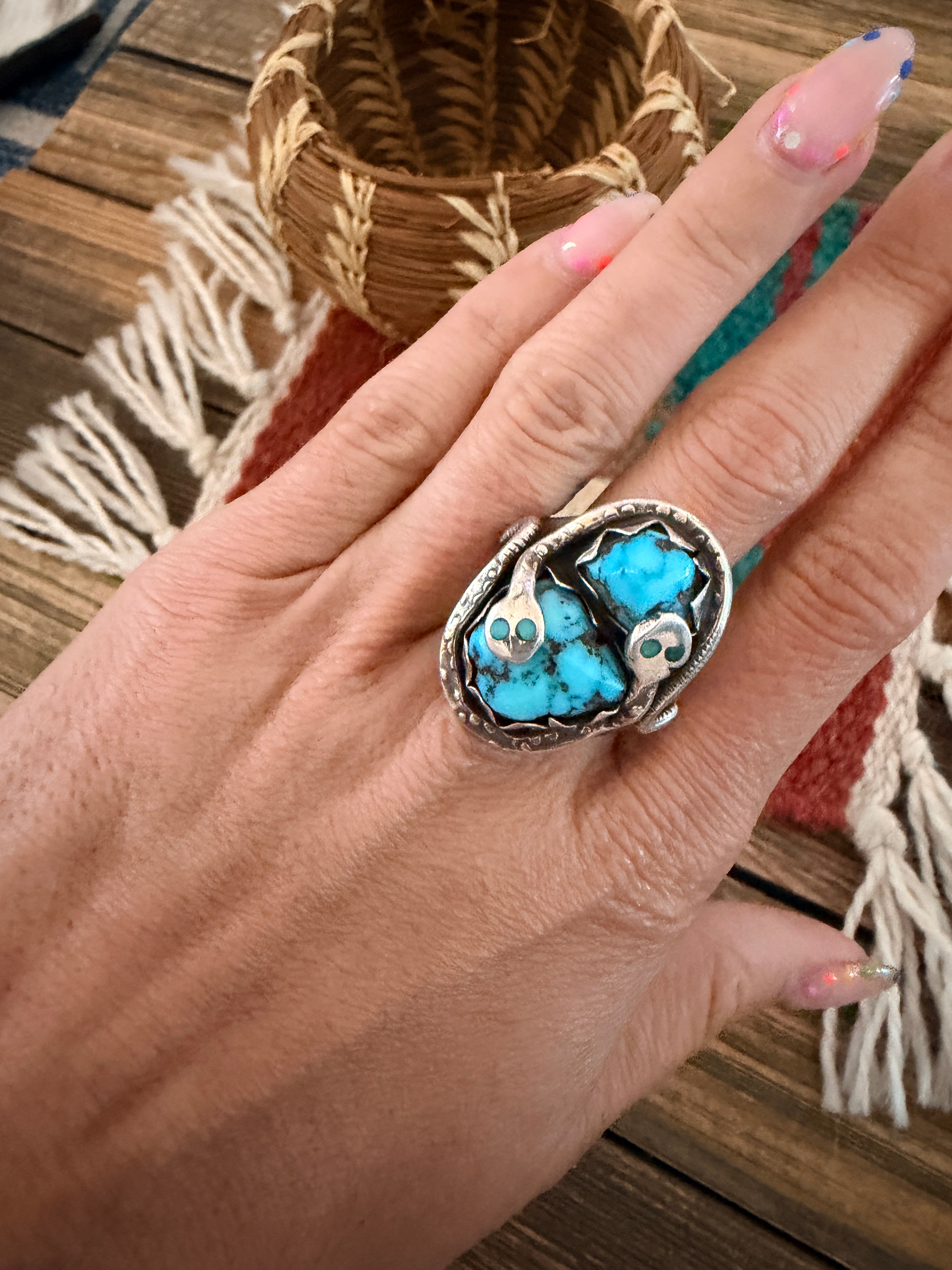 Old Pawn Handcrafted Turquoise & Sterling Silver Snake Ring Size 11.5 by Effie Calavaza