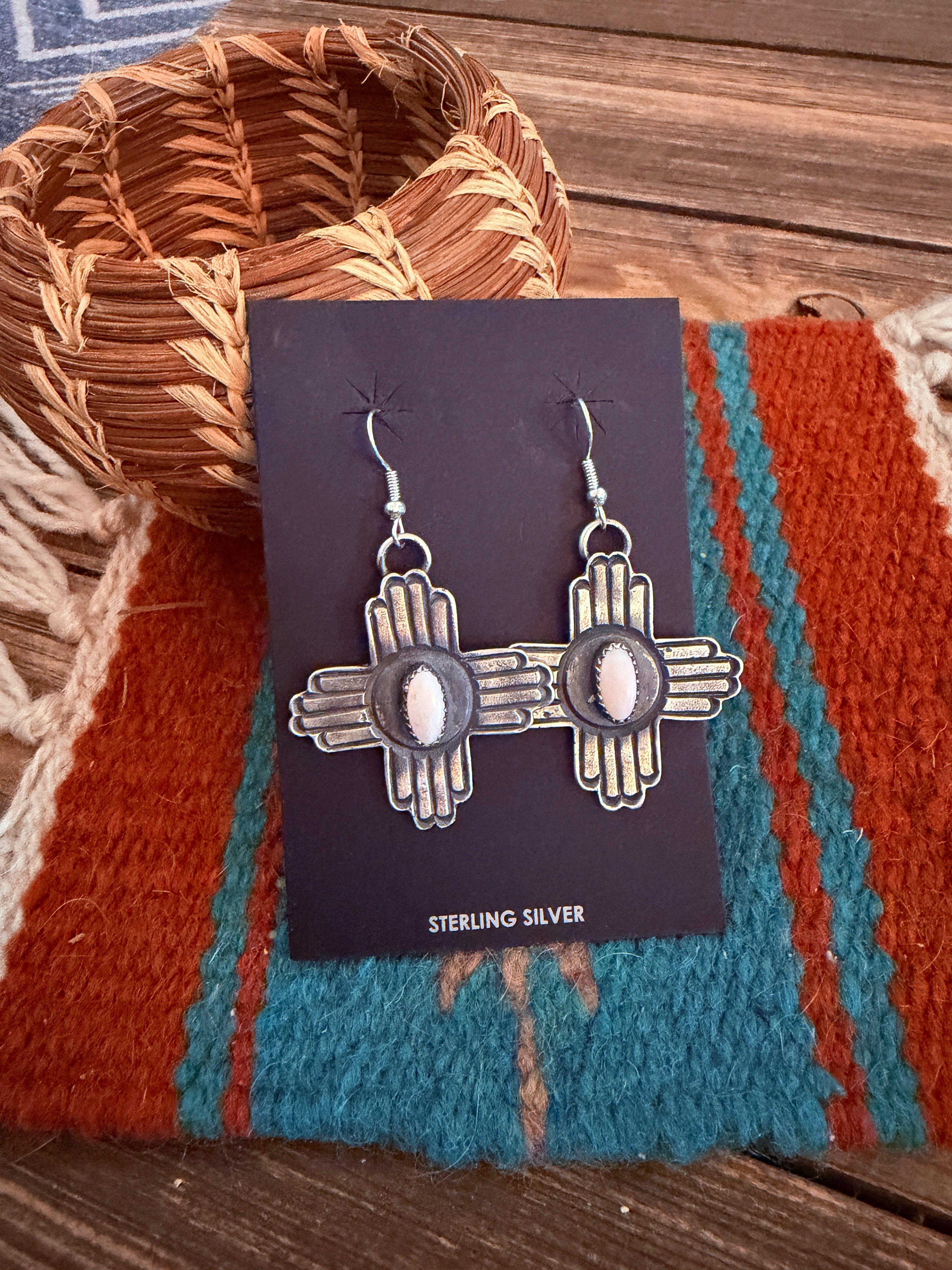 Handcrafted Queen Pink Conch & Sterling Silver Zia Cross Dangle Earrings by Kevin Billah