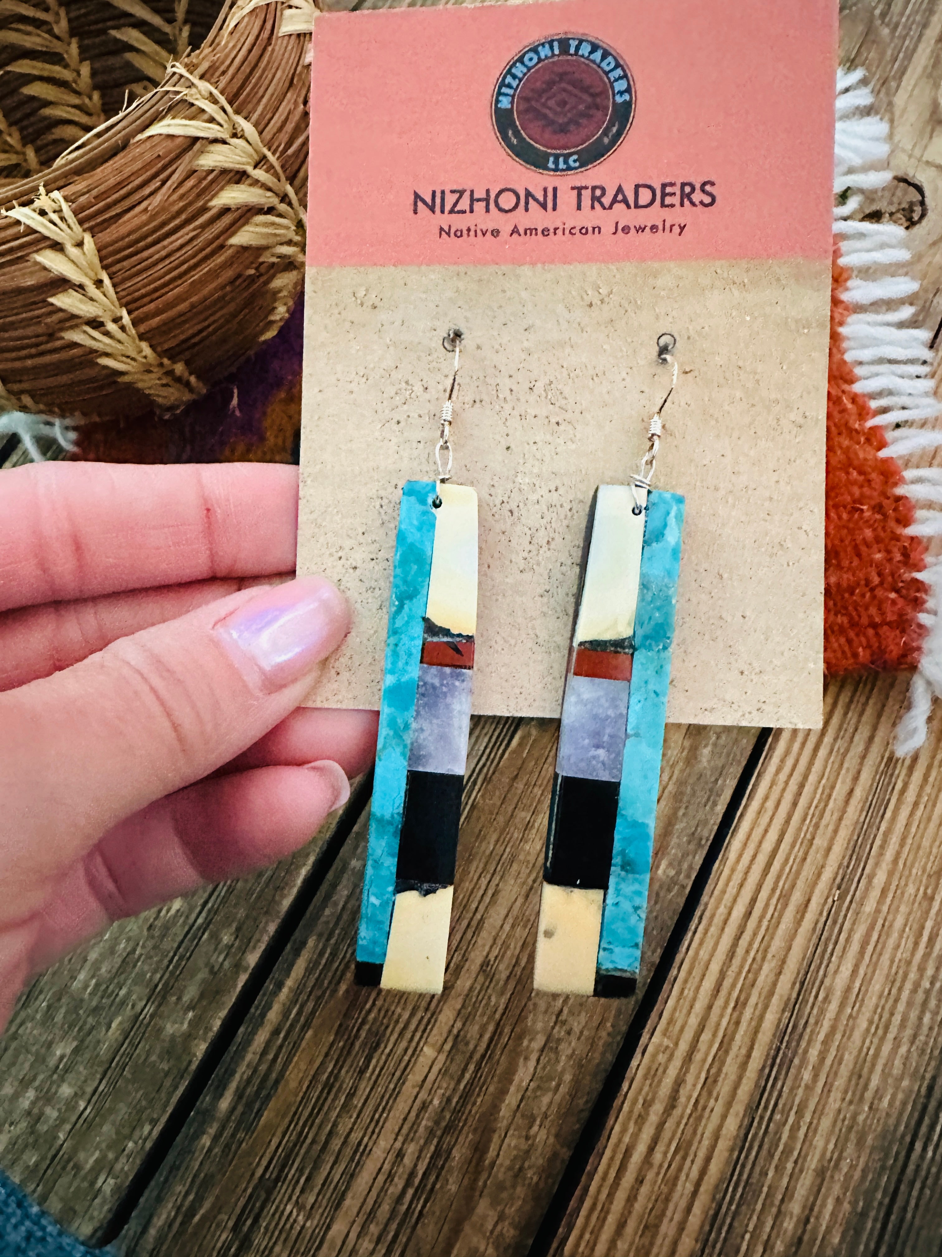 Handcrafted Multi Stone Inlay Slab Dangle Earrings