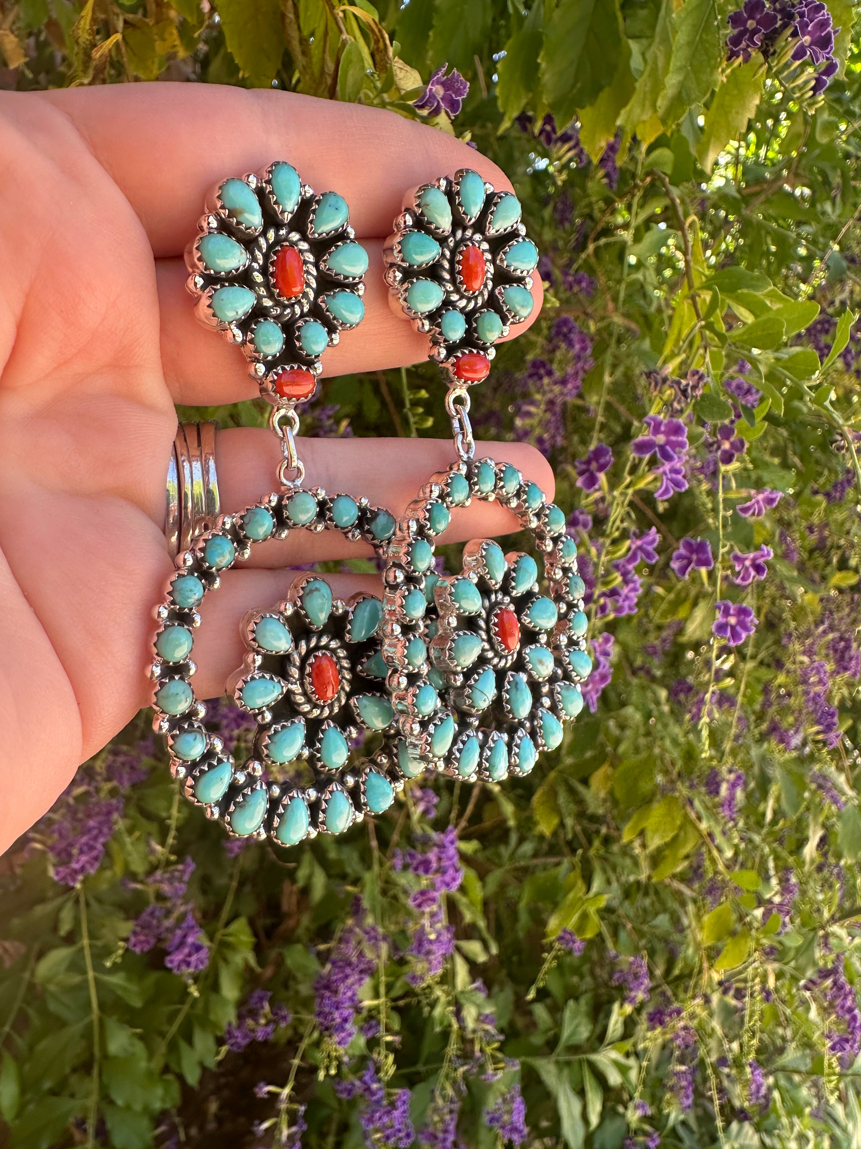 Handmade Turquoise & Coral Dangle Earrings Signed Nizhoni