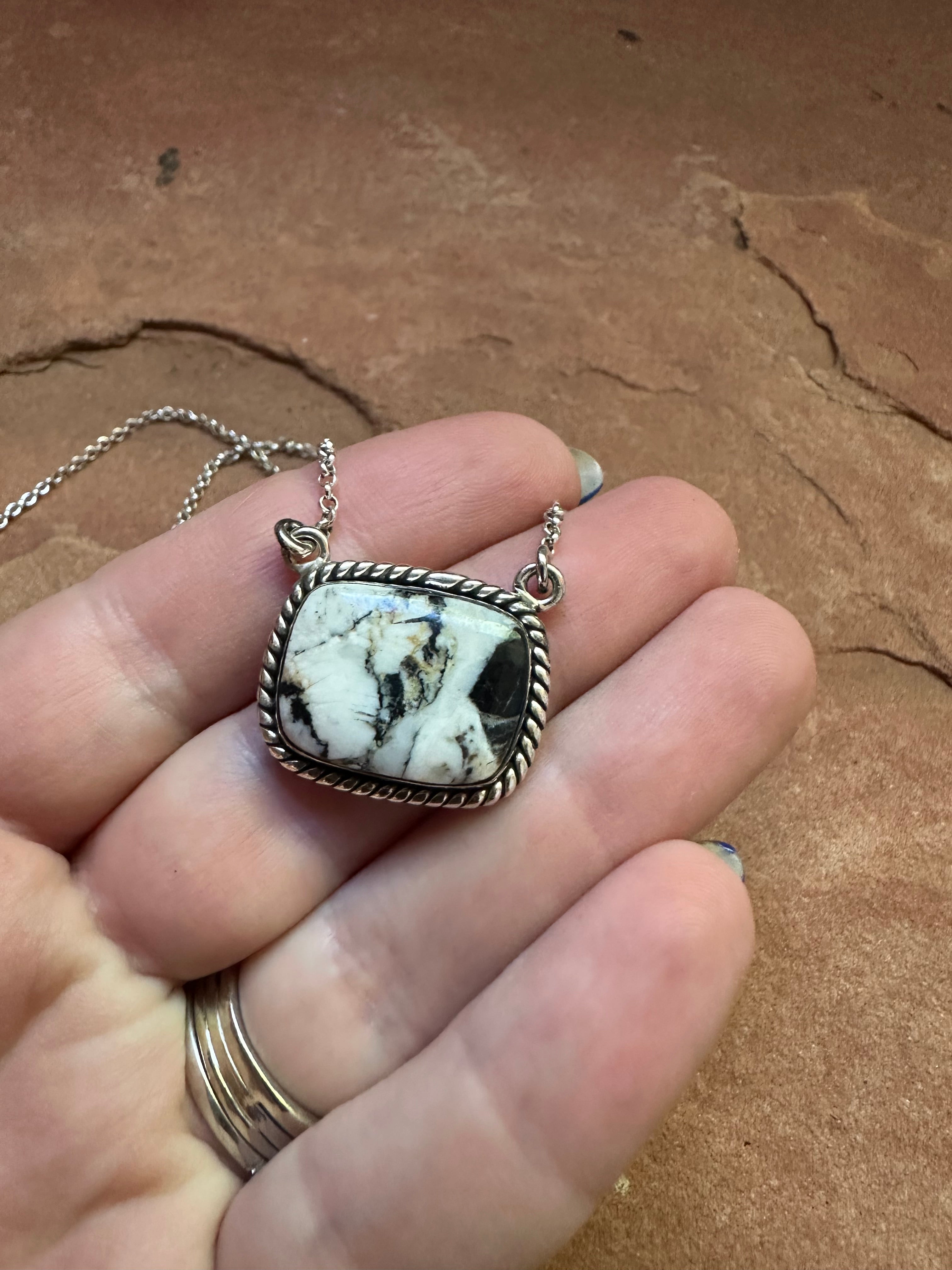 Handmade Sterling Silver & White Buffalo Square Necklace