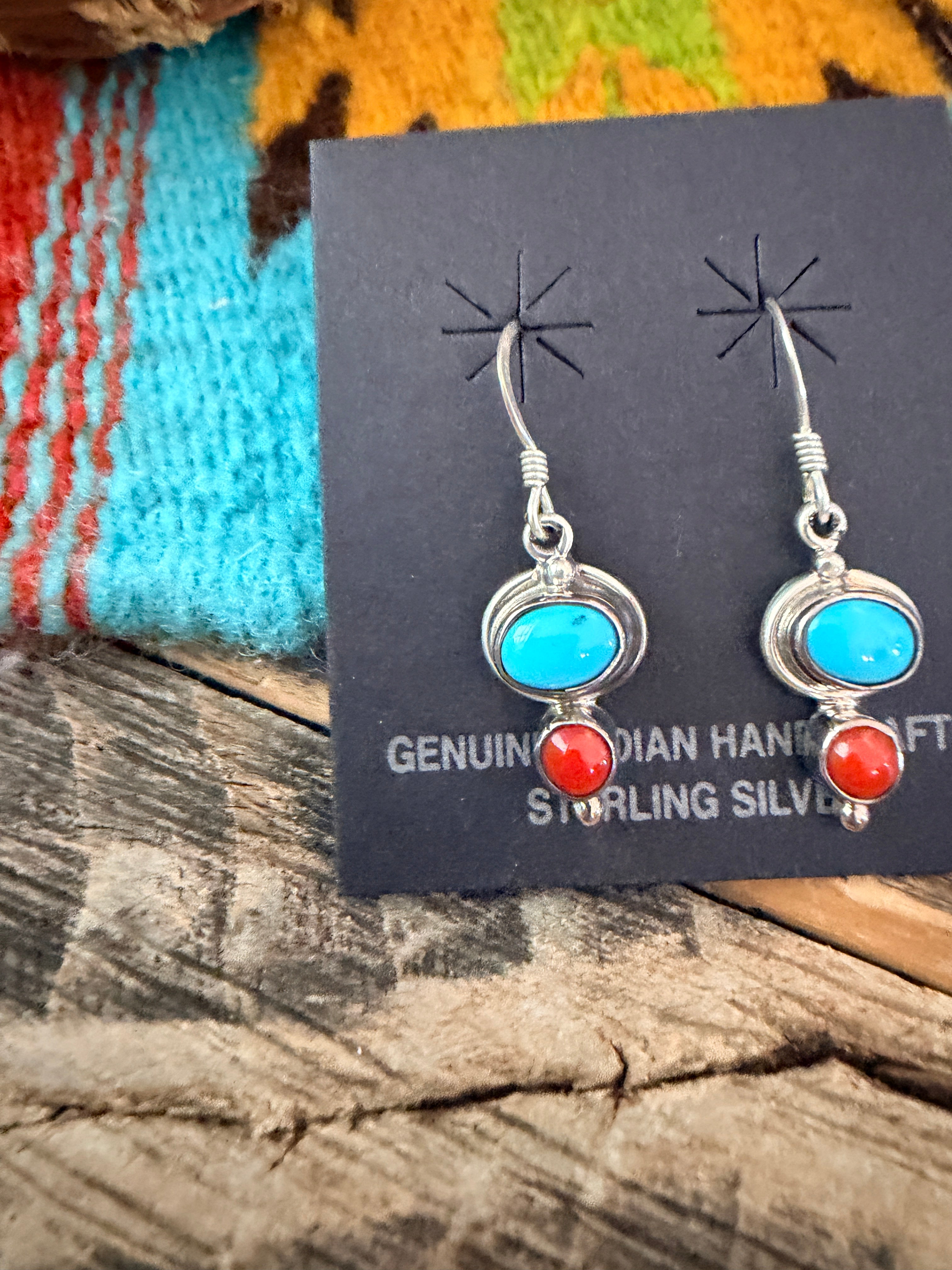 Handcrafted Turquoise, Coral & Sterling Silver Dangle Earrings