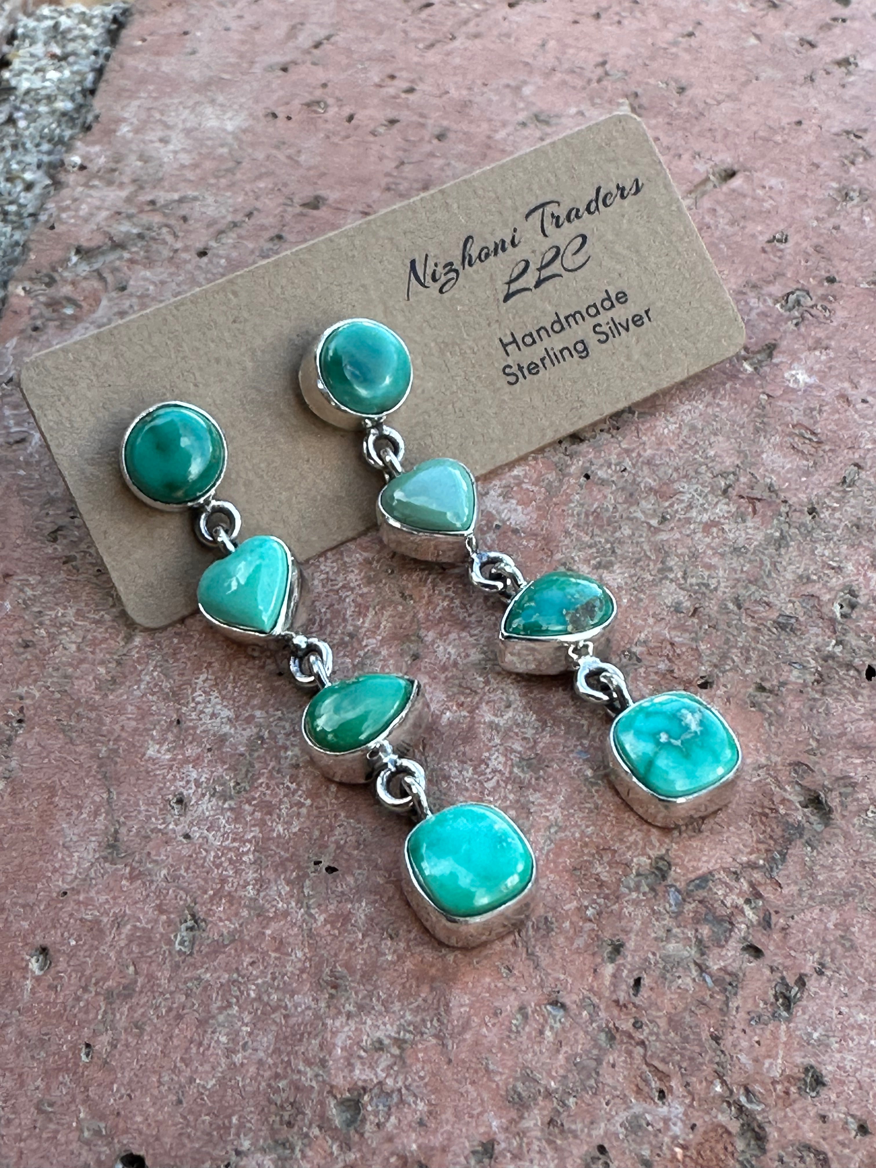 Handmade Emerald Valley Turquoise and Sterling Silver 4 Stone Dangles