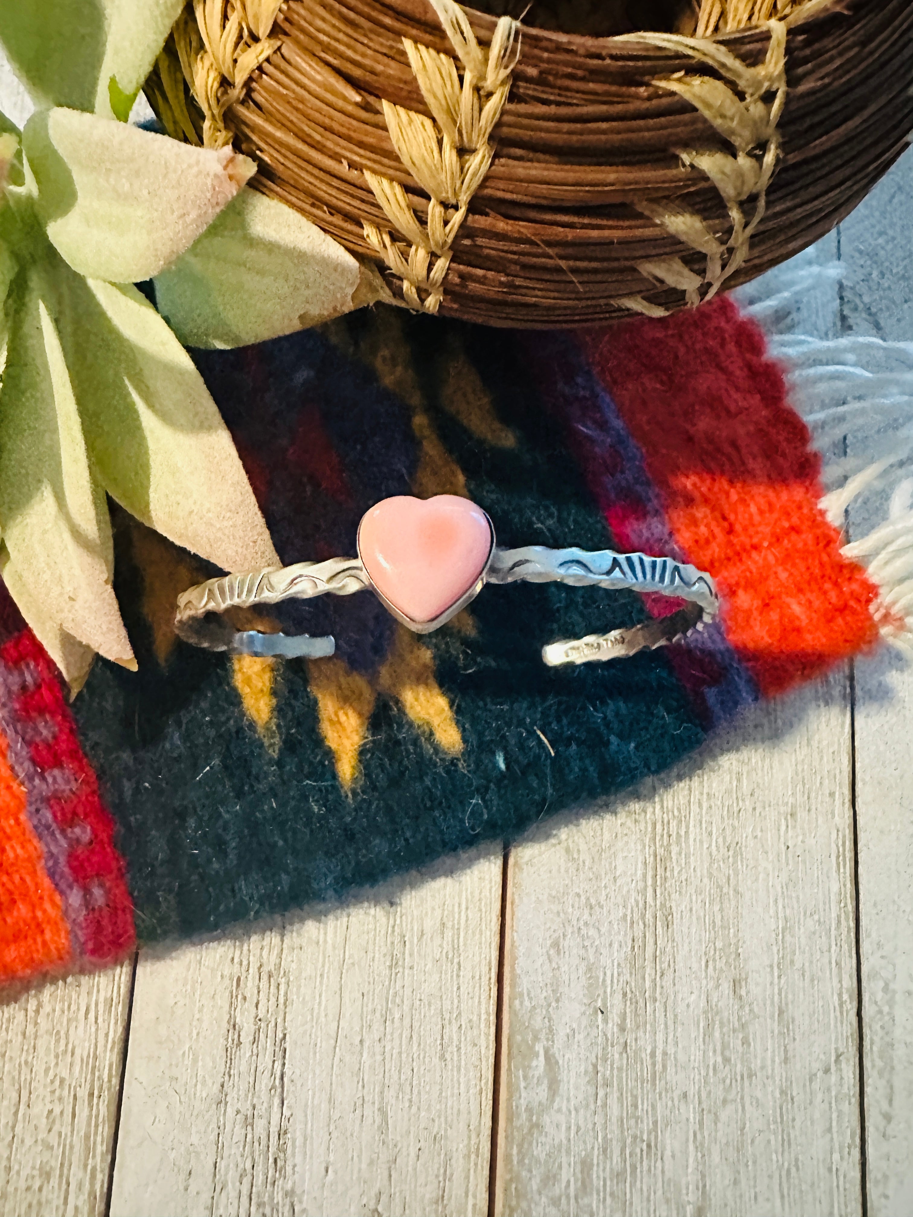 Navajo Sterling Silver & Queen Pink Conch Heart Cuff Bracelet