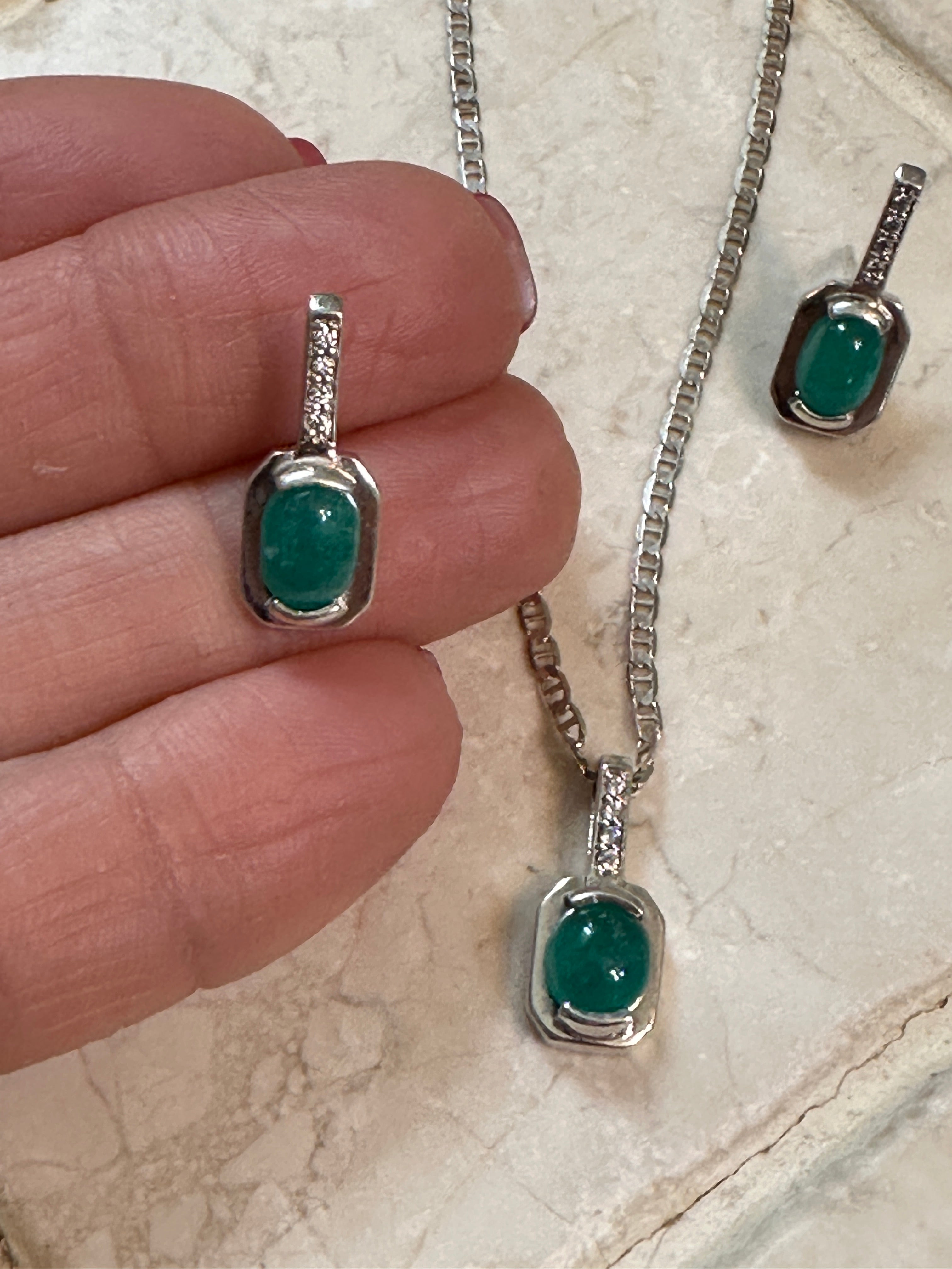 Colombian Emerald Necklace & Earrings Set in Sterling Silver dangles 1ct set 5