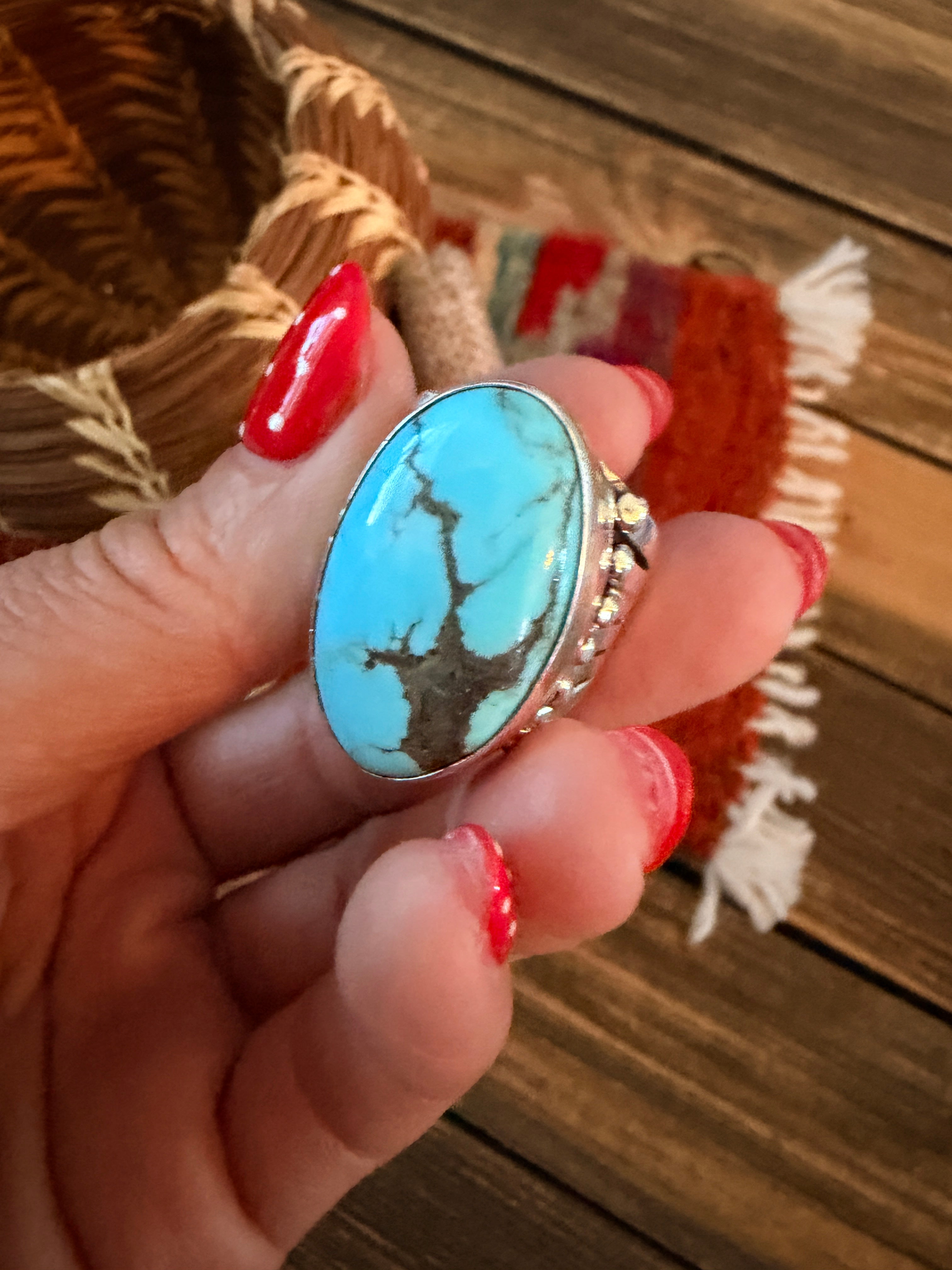 Handcrafted Turquoise & Sterling Silver Ring Size 8