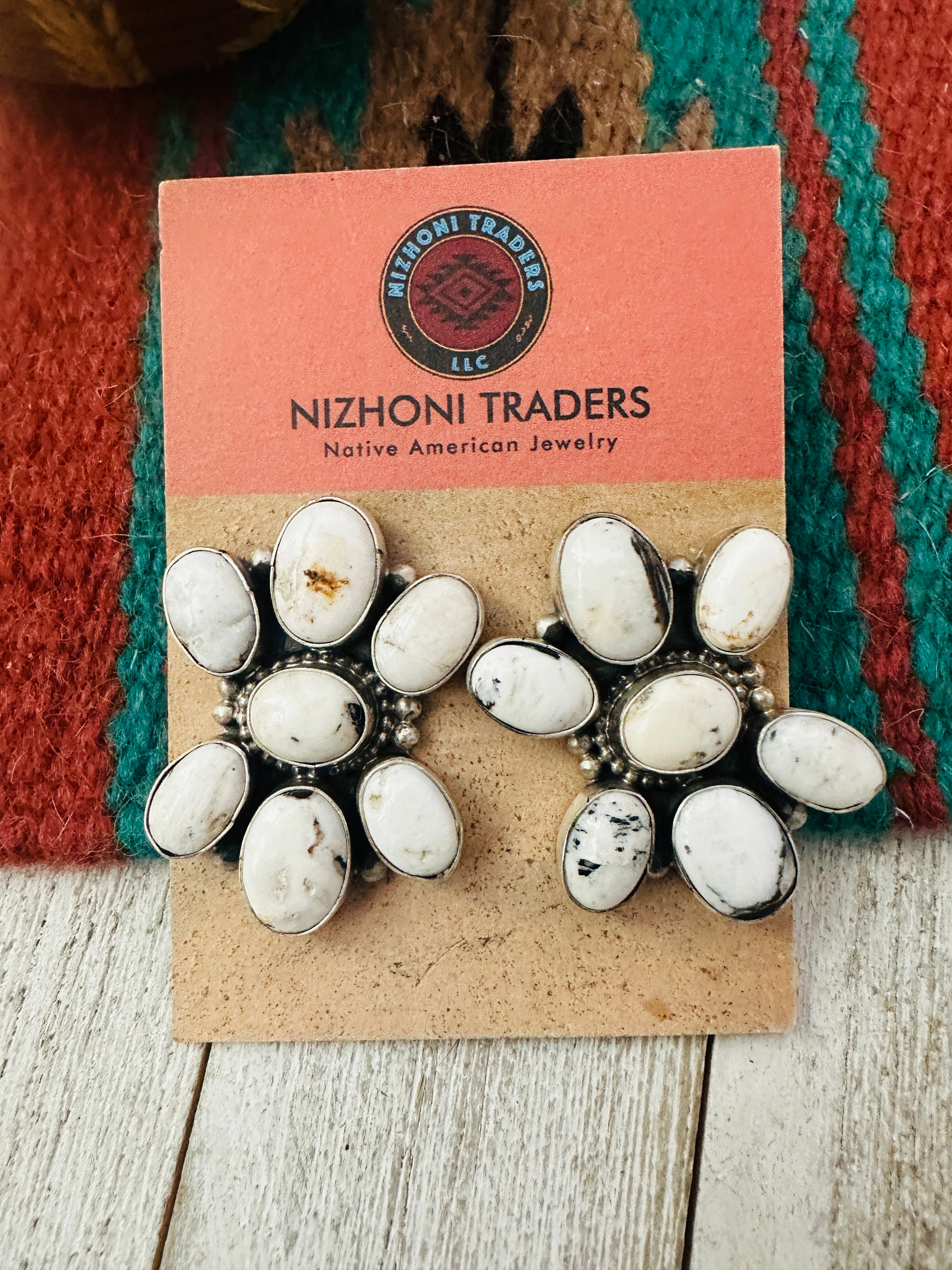 Navajo White Buffalo & Sterling Silver Cluster Post Earrings