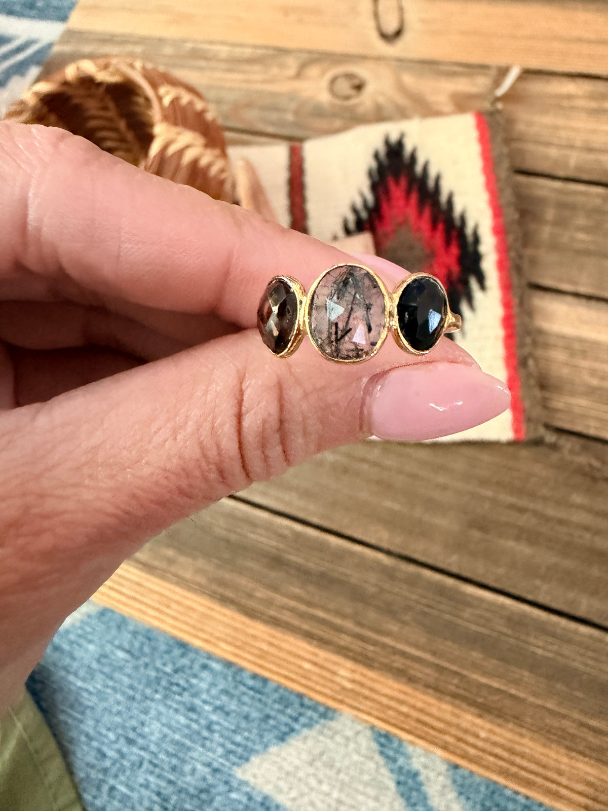 Handmade 18K Gold Vermeil Sterling Silver & Multi Stone Ring Size 6