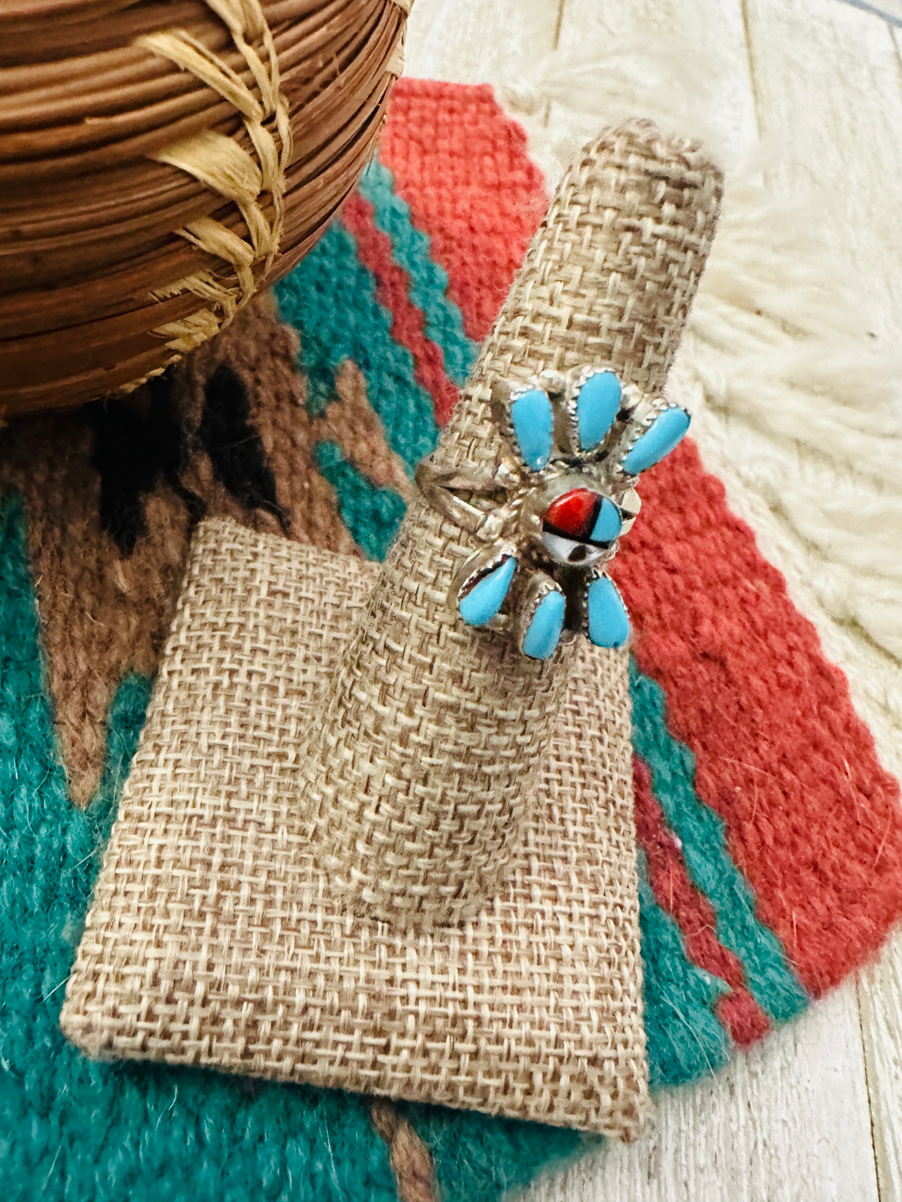 Handcrafted Multi Stone & Sterling Silver Inlay Sun Face Ring Size 6.5