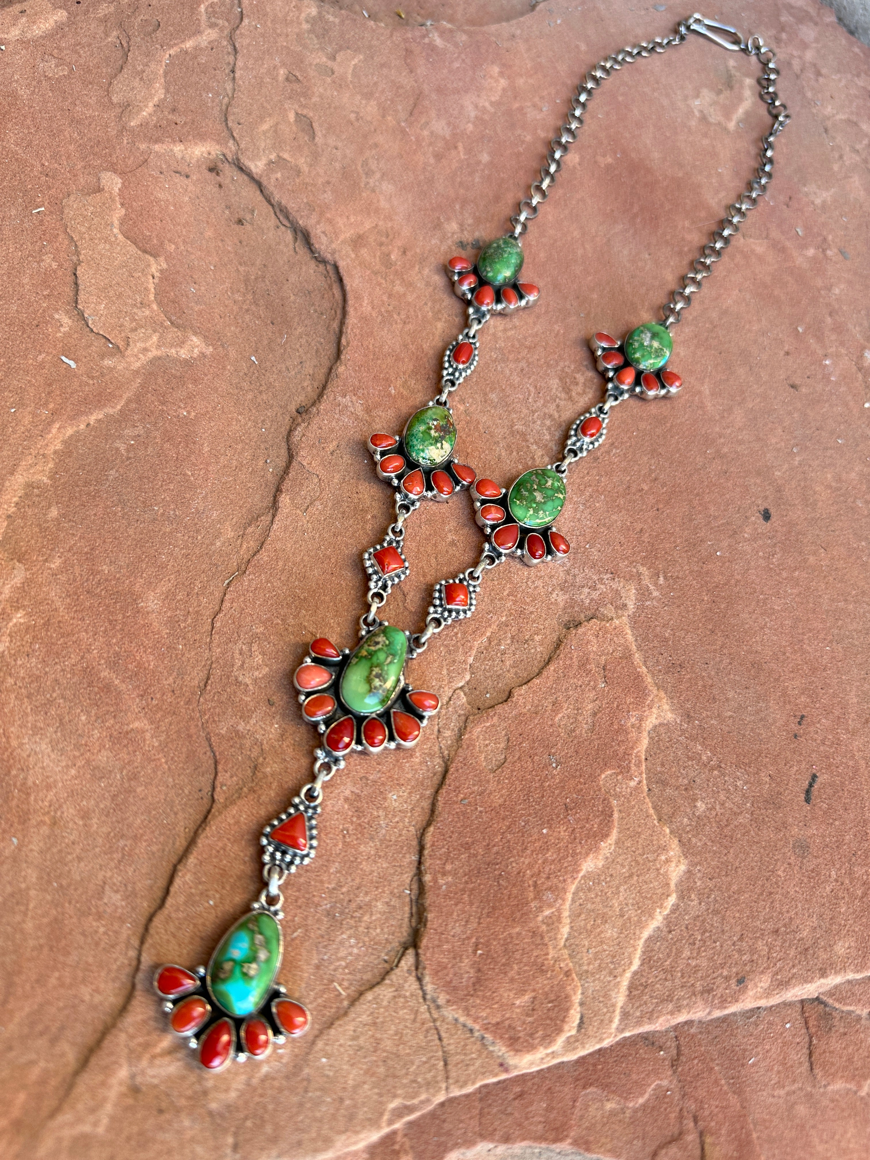 Beautiful Handmade Sterling Silver, Coral & Sonoran Turquoise Lariat Necklace