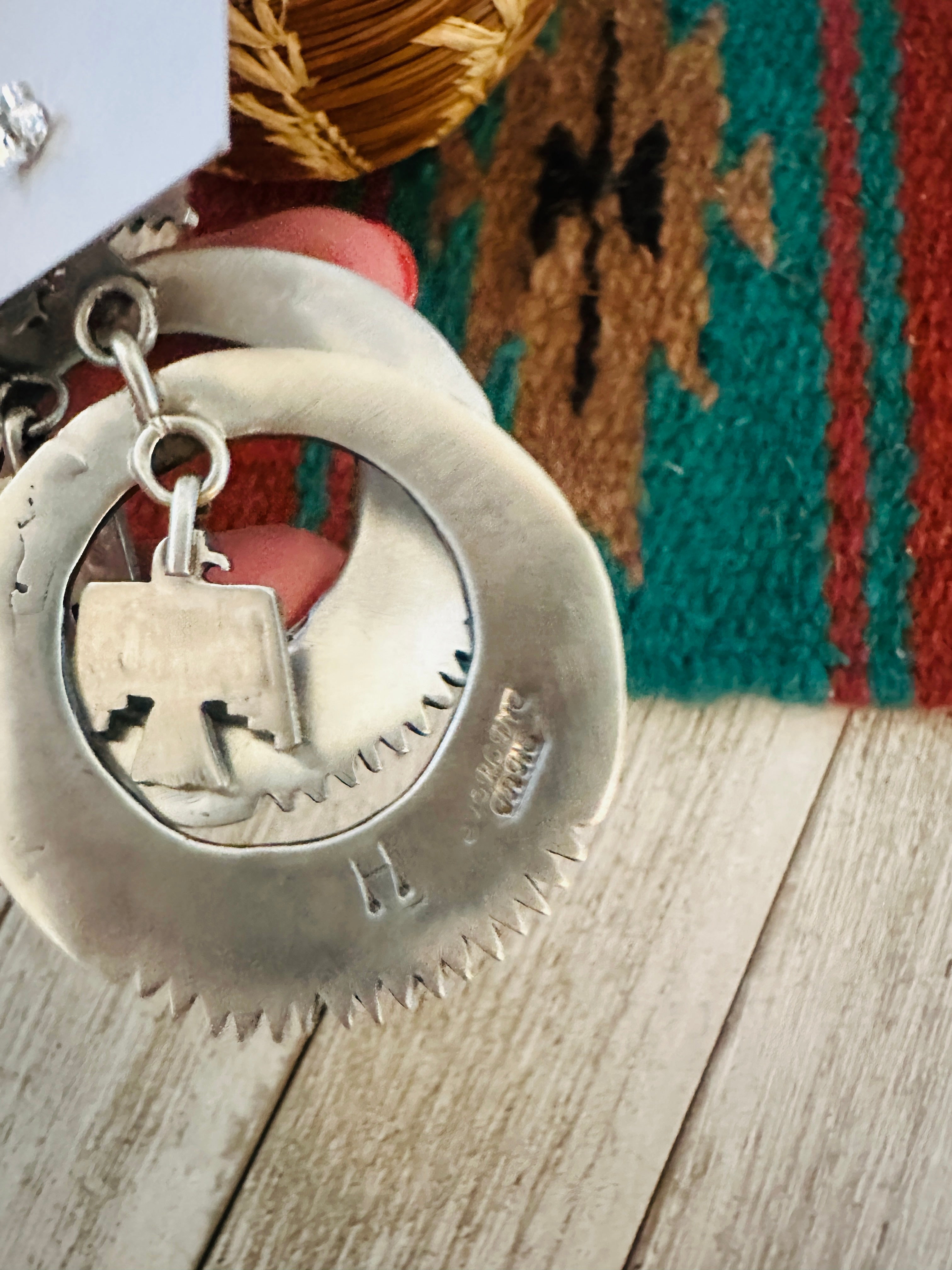 Navajo Sterling Silver & Rhodochrosite Thunderbird Dangle Earrings