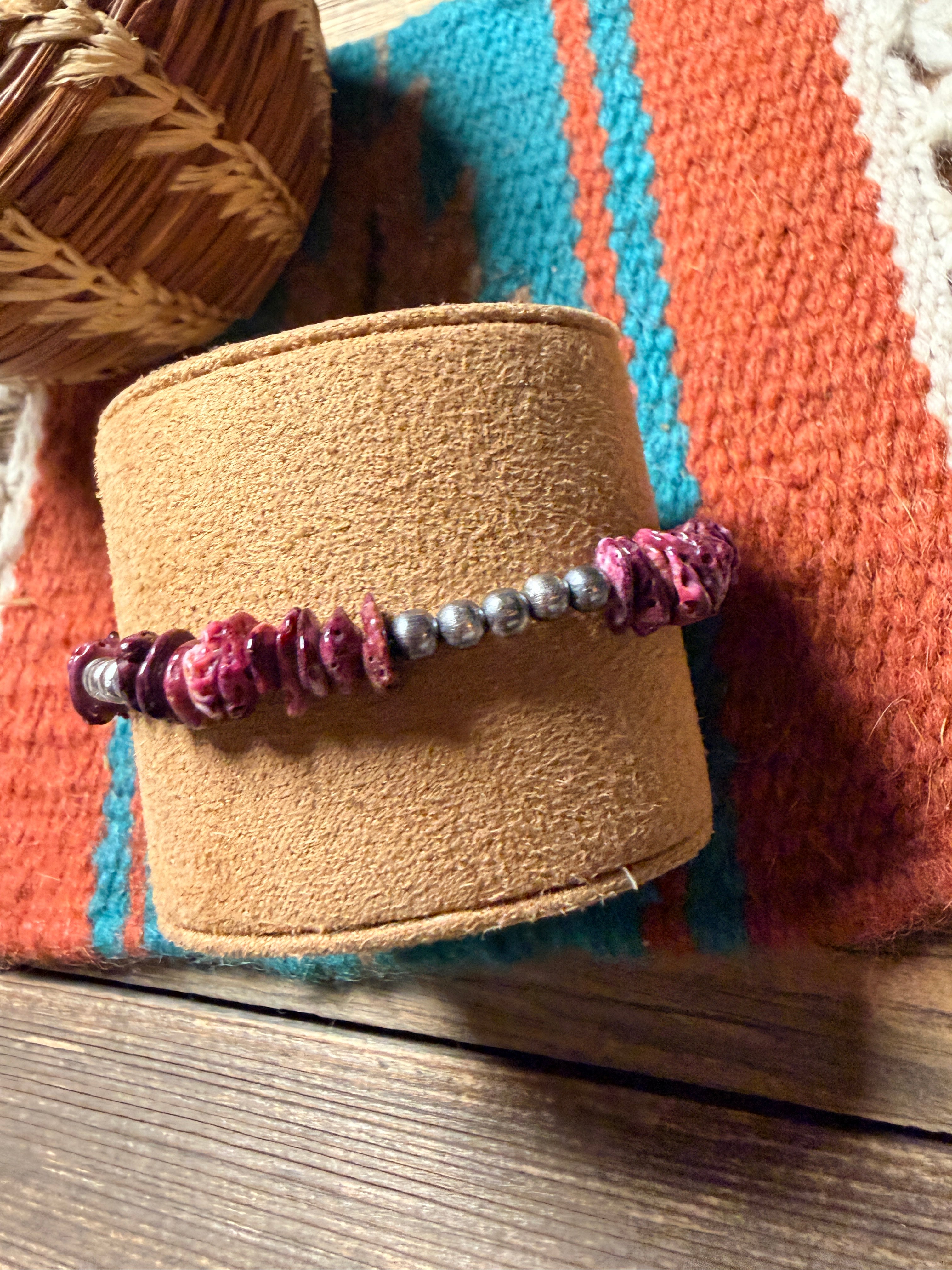 Handcrafted Purple Spiny Oyster & Sterling Silver Beaded Stretch Bracelet