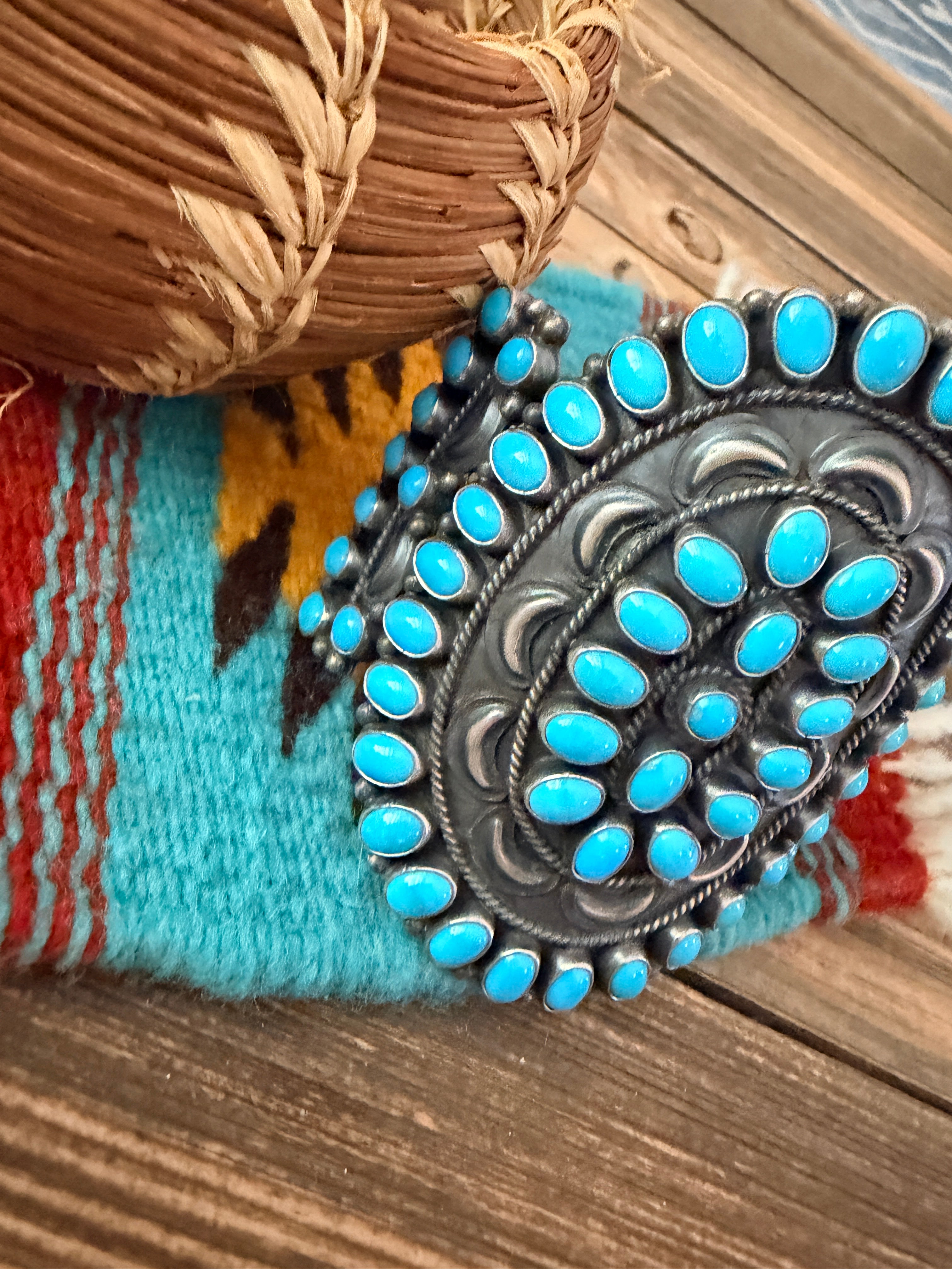 Handcrafted Sterling Silver & Turquoise Cluster Cuff Bracelet by Anthony Skeets