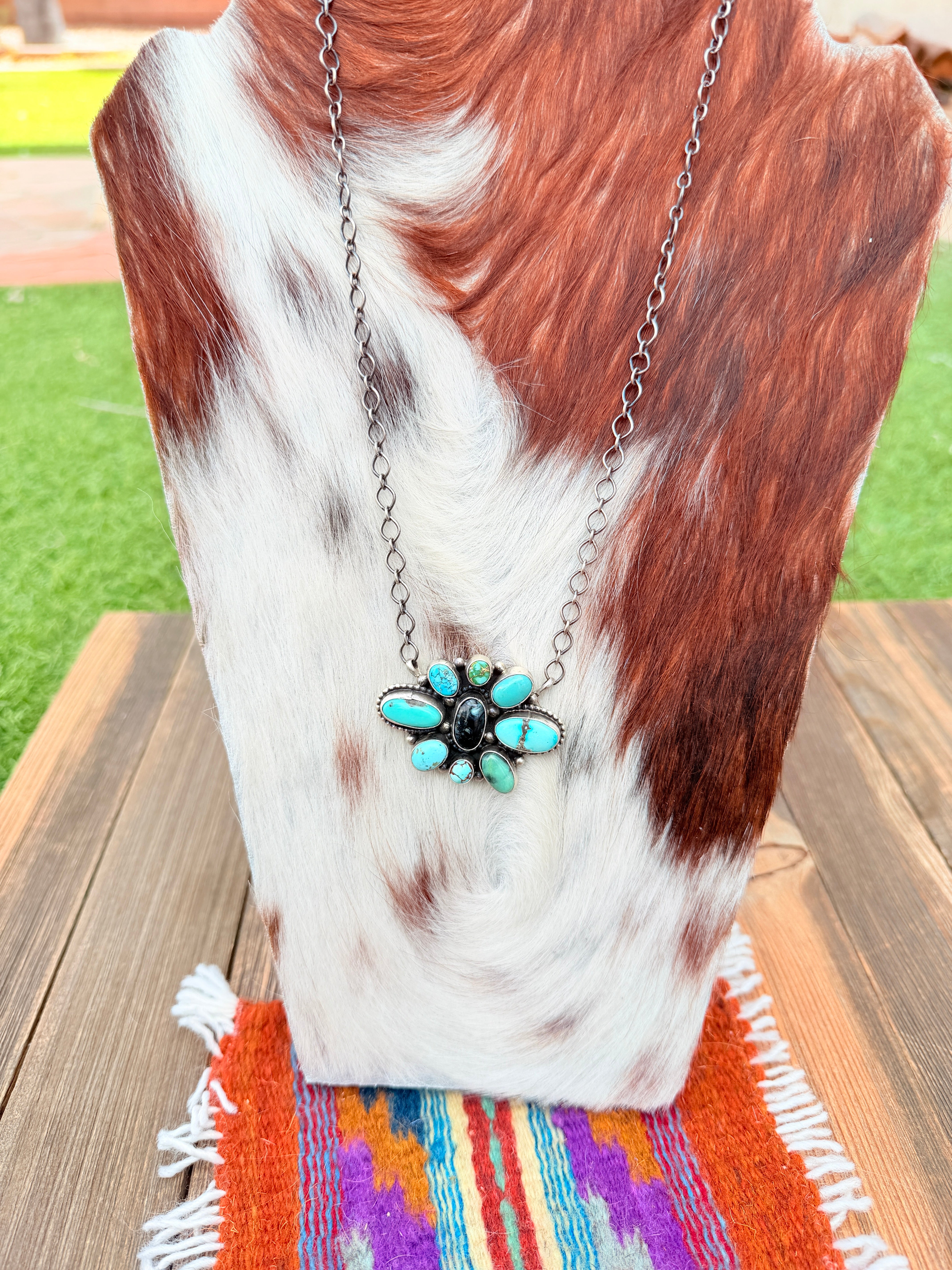 Handcrafted Turquoise & Sterling Silver Cluster Necklace by Travis Jim