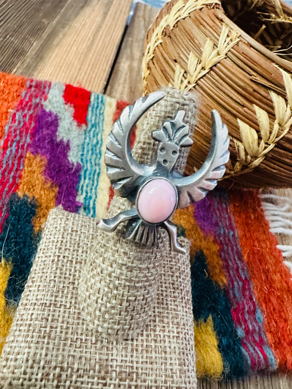 Handcrafted Queen Pink Conch and Sterling Silver Thunderbird Ring size 5 by Chimney Butte