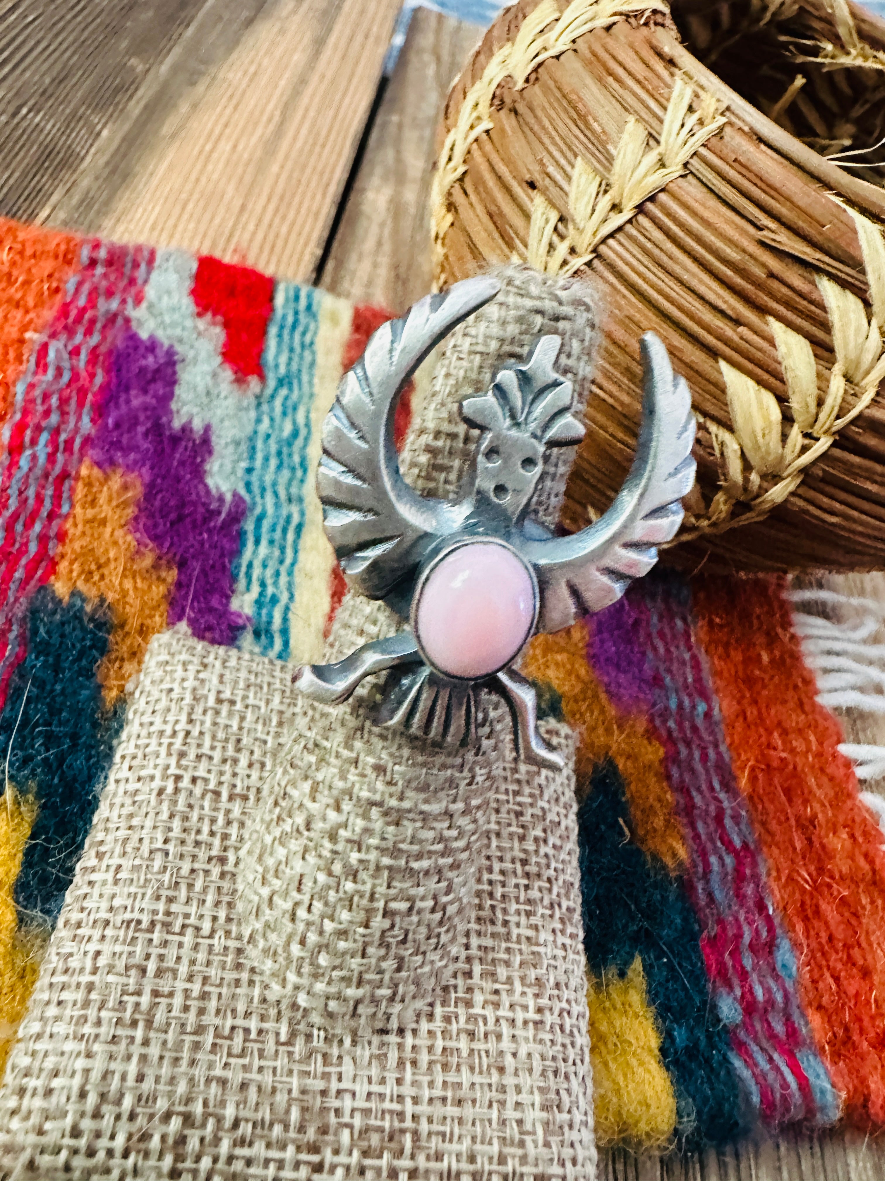 Handcrafted Queen Pink Conch and Sterling Silver Thunderbird Ring size 5 by Chimney Butte