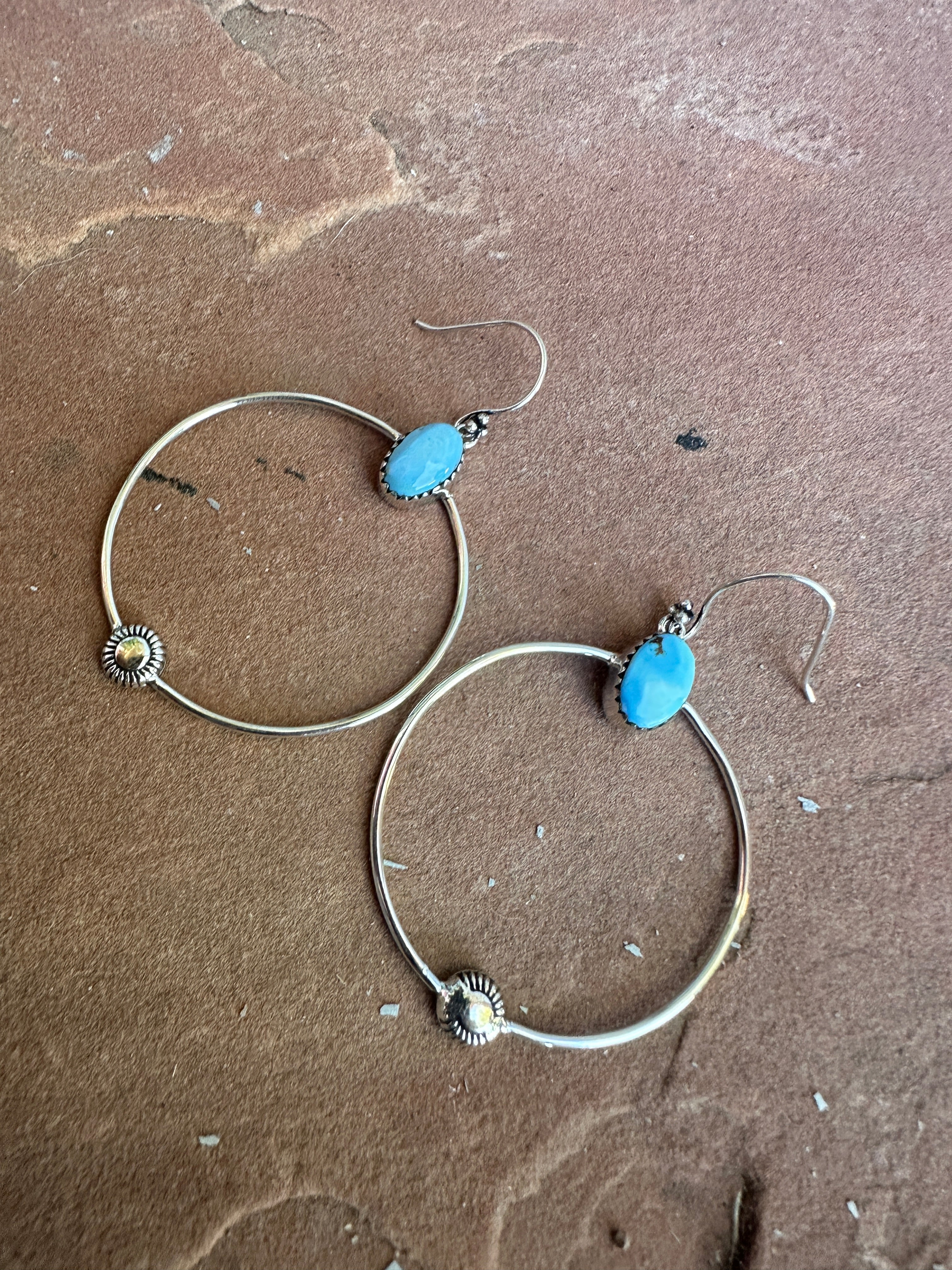 Handmade Golden Hills Turquoise & Sterling Silver Hoop Earrings Signed Nizhoni