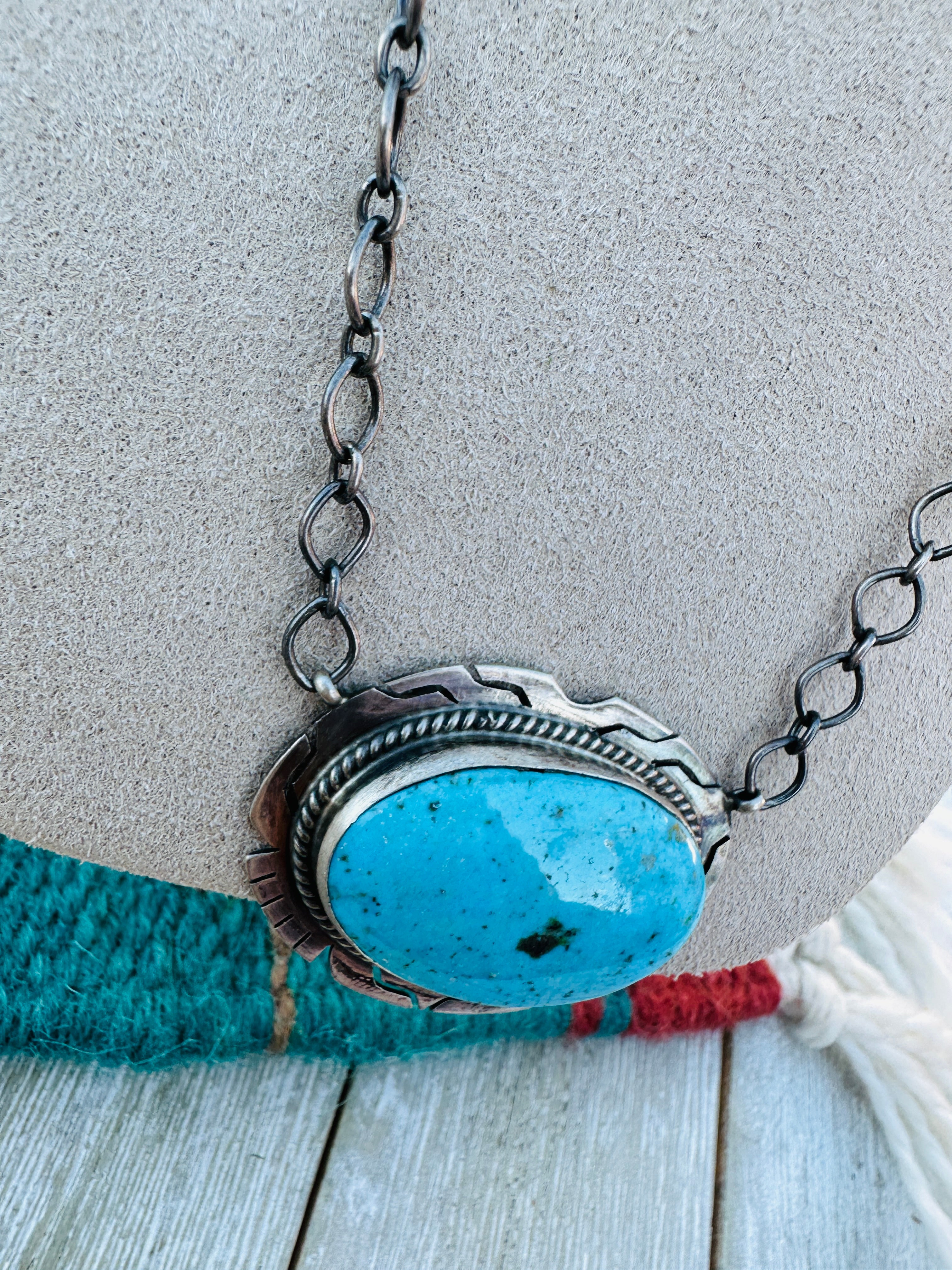 Handcrafted Sterling Silver 18” Link Chain & Turquoise Necklace