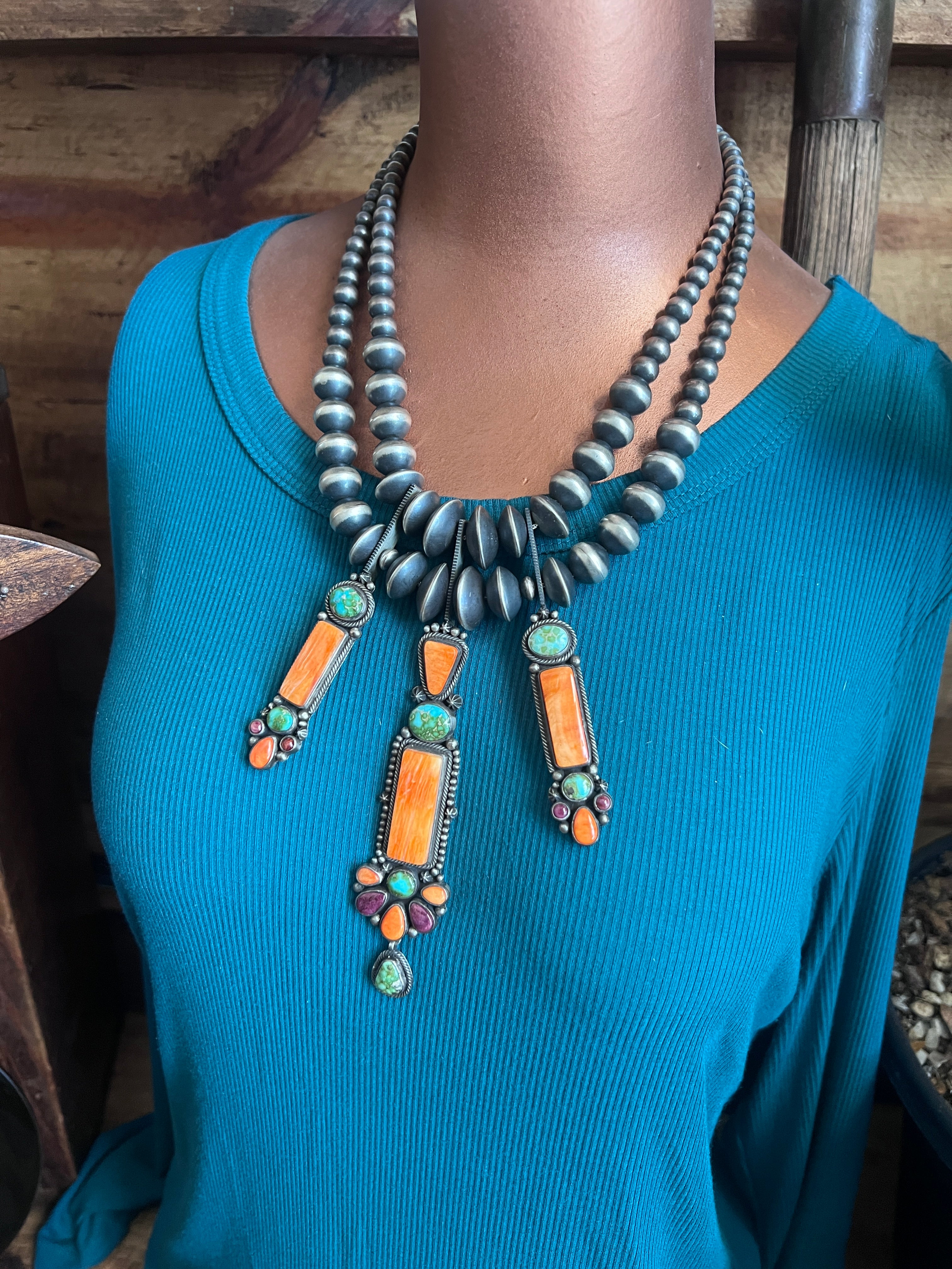 Electric Rainbow Sterling Silver, Sonoran Gold Turquoise and Spiny Oyster Beaded Necklace and Earrings Set by Bernyse Chavez