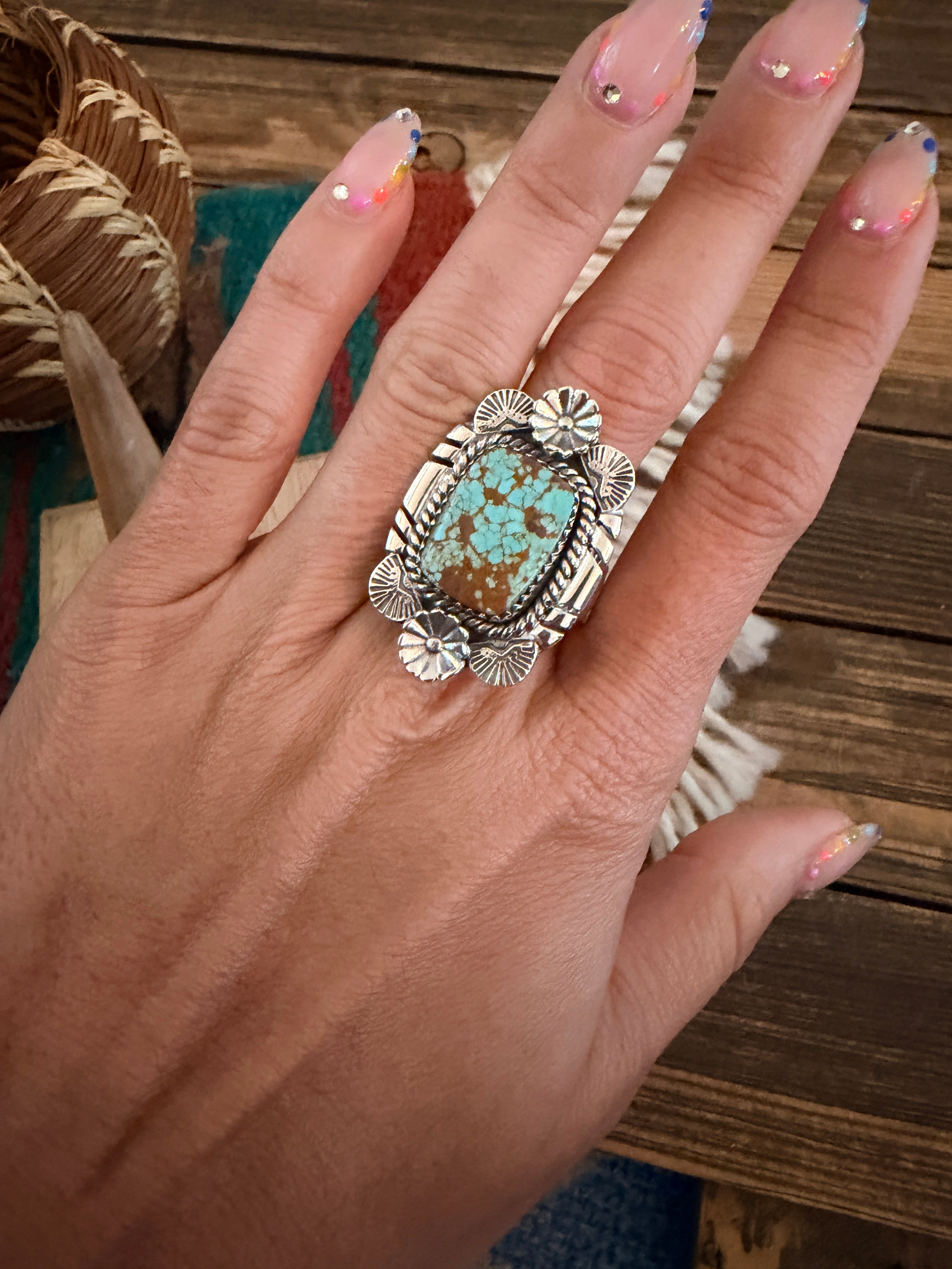 Handmade Sterling Silver Number 8 Turquoise Adjustable Ring Signed Nizhoni