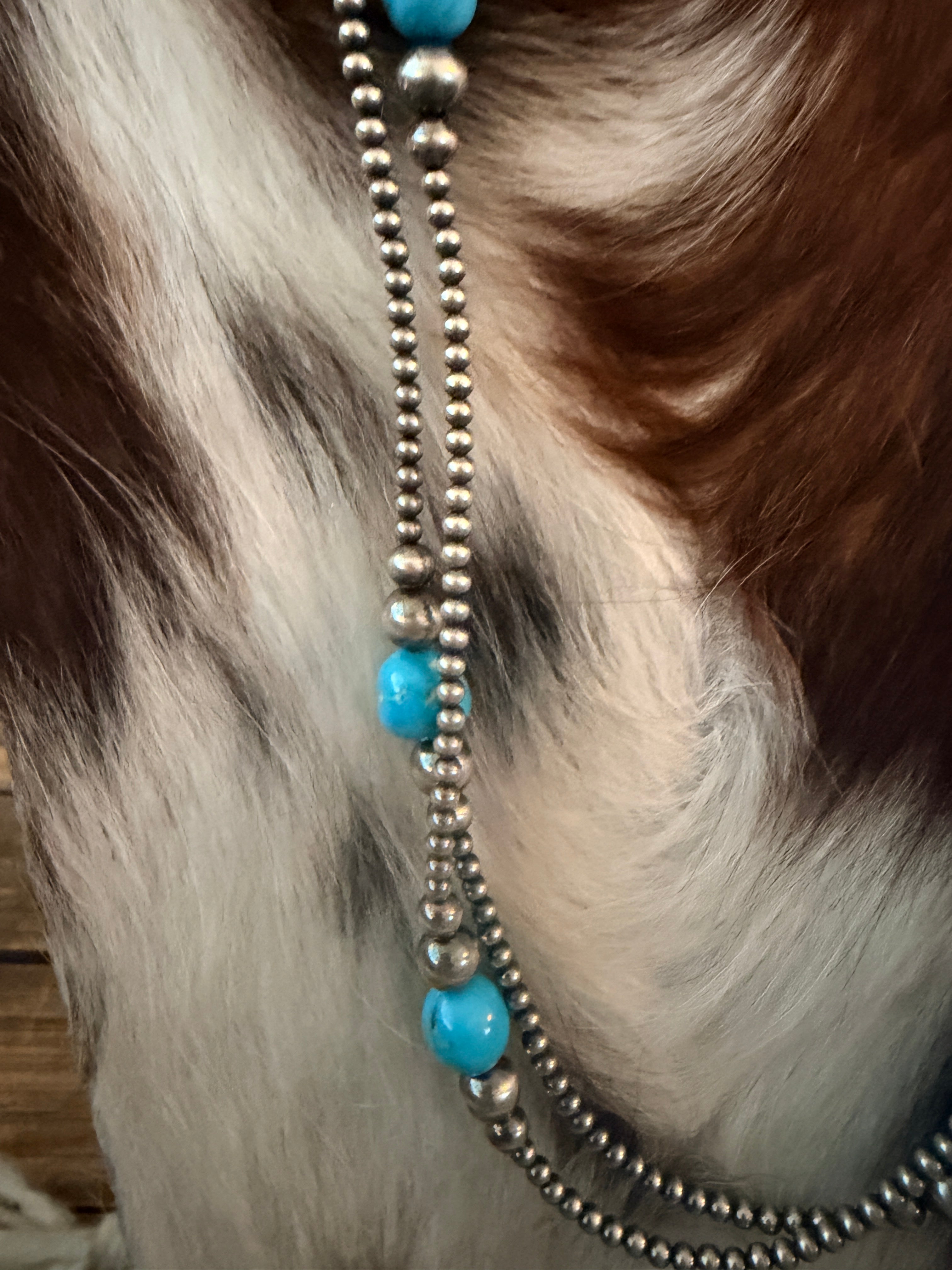 Handcrafted Turquoise & Sterling Silver Pearl Beaded 40” Necklace