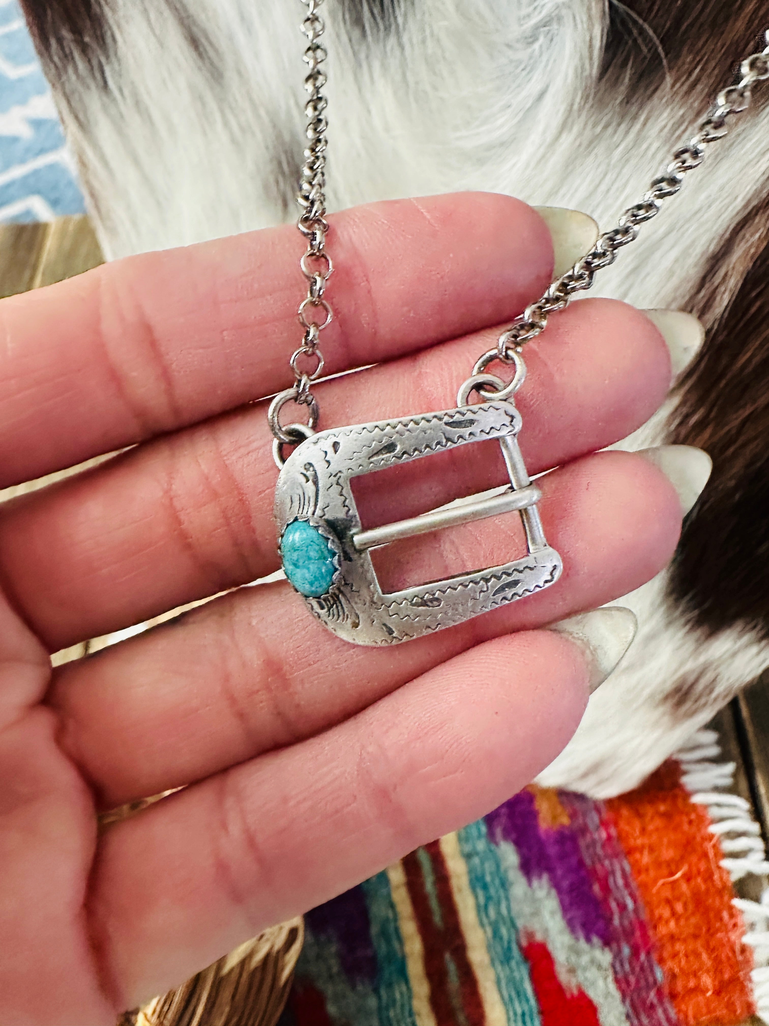 Handcrafted Turquoise & Sterling Silver Belt Buckle Necklace by Patrick Yazzie