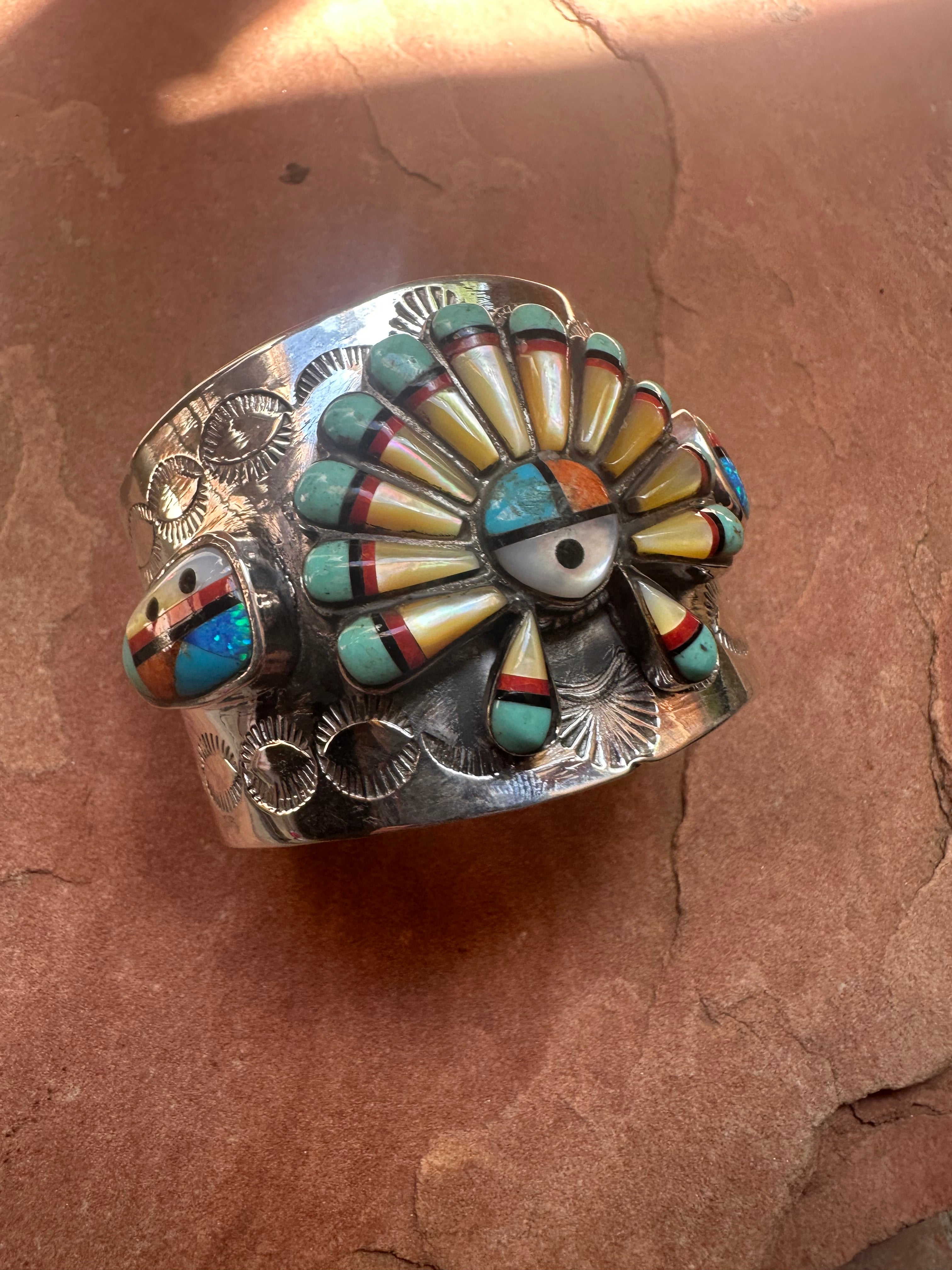 Handmade Sterling Silver Multi Stone Southwest Inlay Sunface Cuff