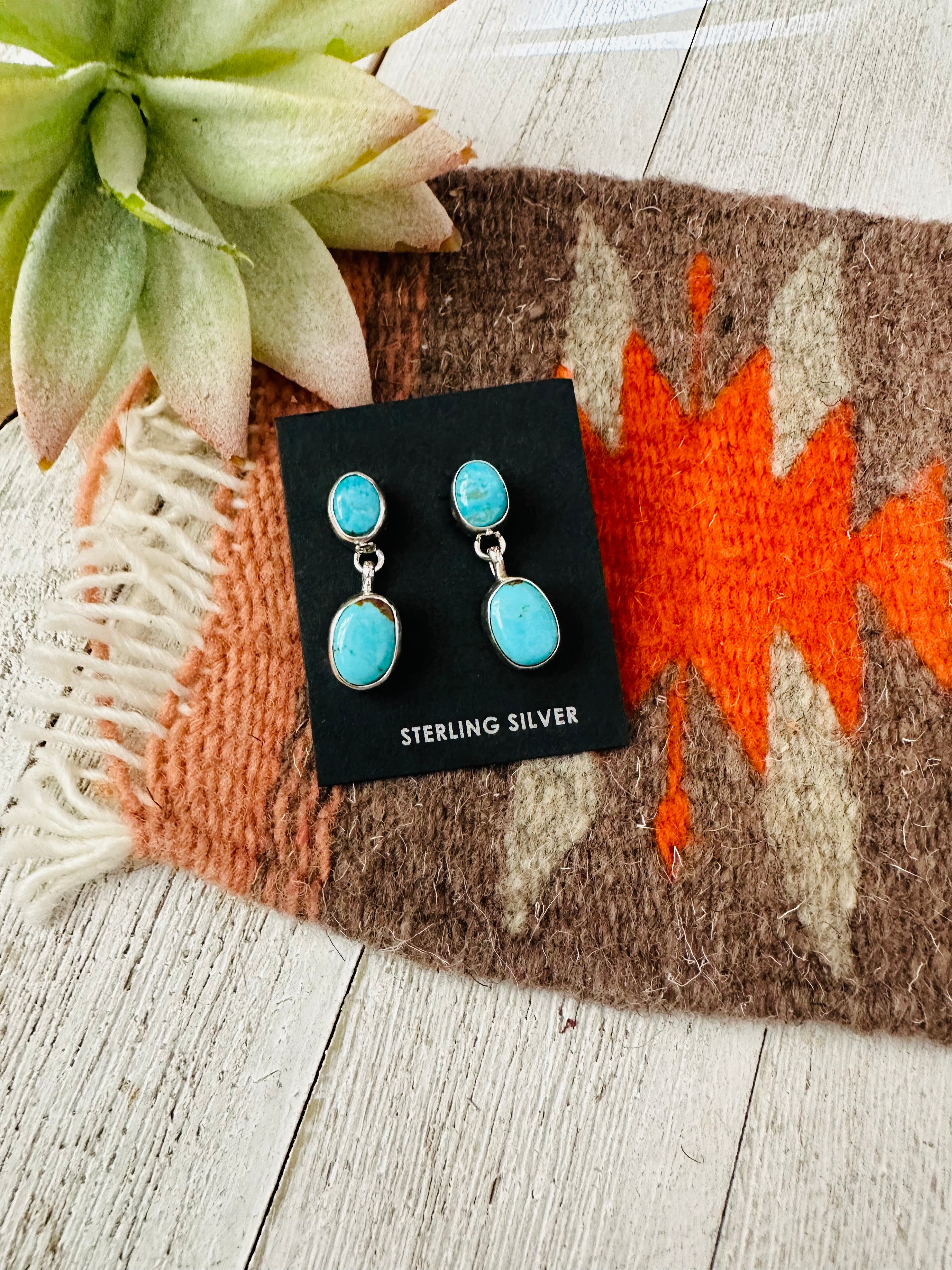 Navajo Turquoise and Sterling Silver Two Stone  Dangle Earrings