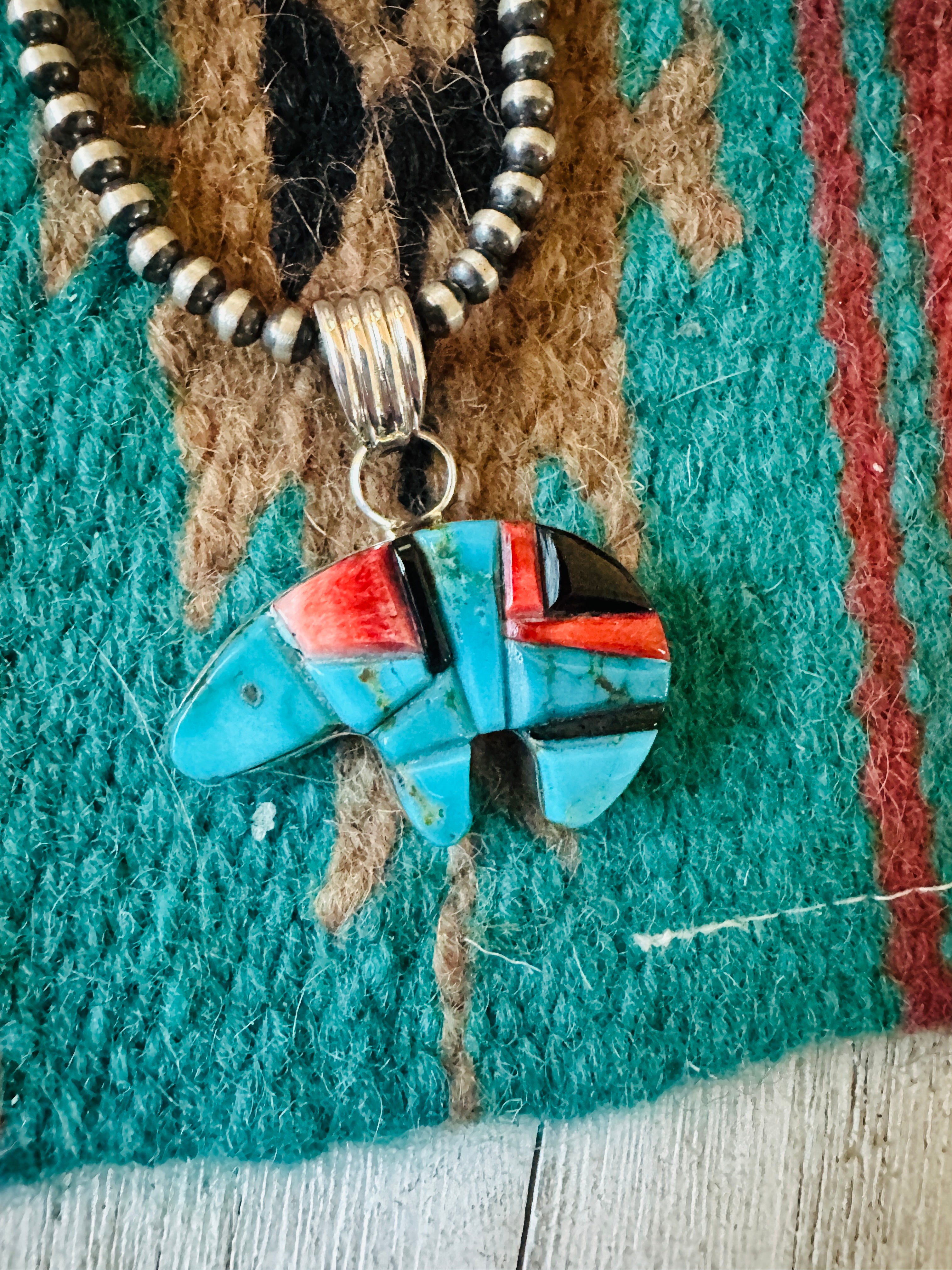 Navajo Turquoise, Spiny, Onyx & Sterling Silver Inlay Fetish Bear Pendant