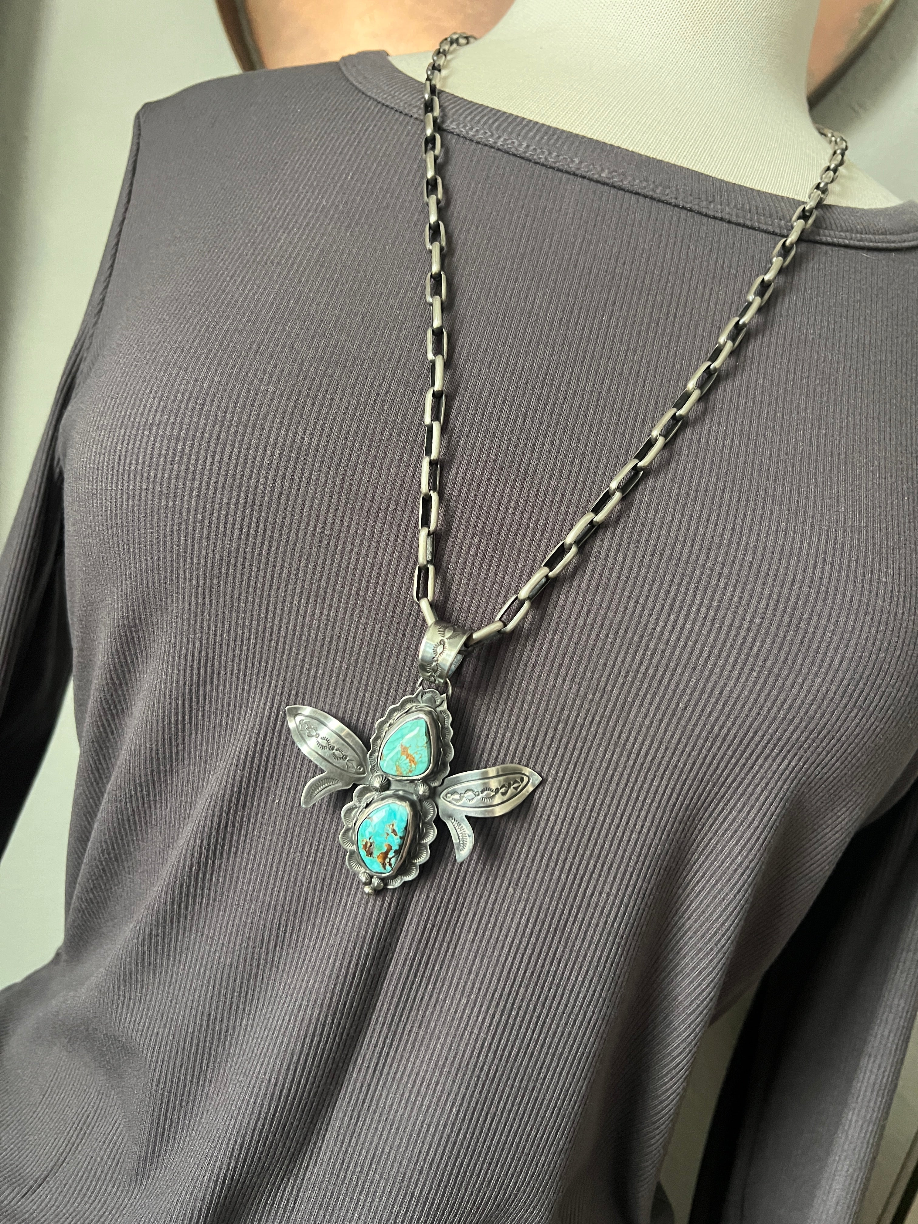 Kimari Somers Hand Stamped Sterling Silver and Turquoise Winged Bug Pendant