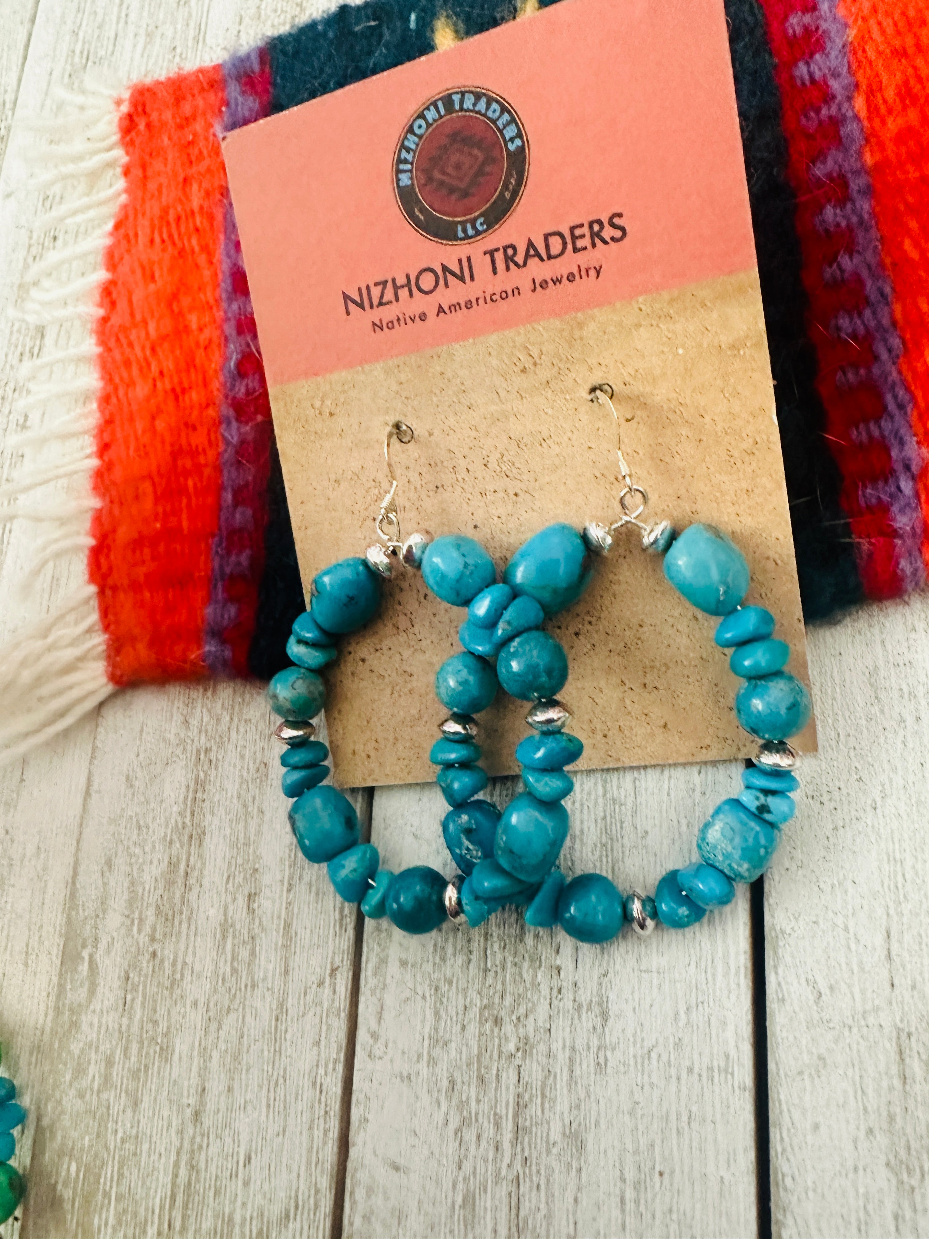 Navajo Kingman Turquoise & Sterling Silver Beaded Hoop Earrings