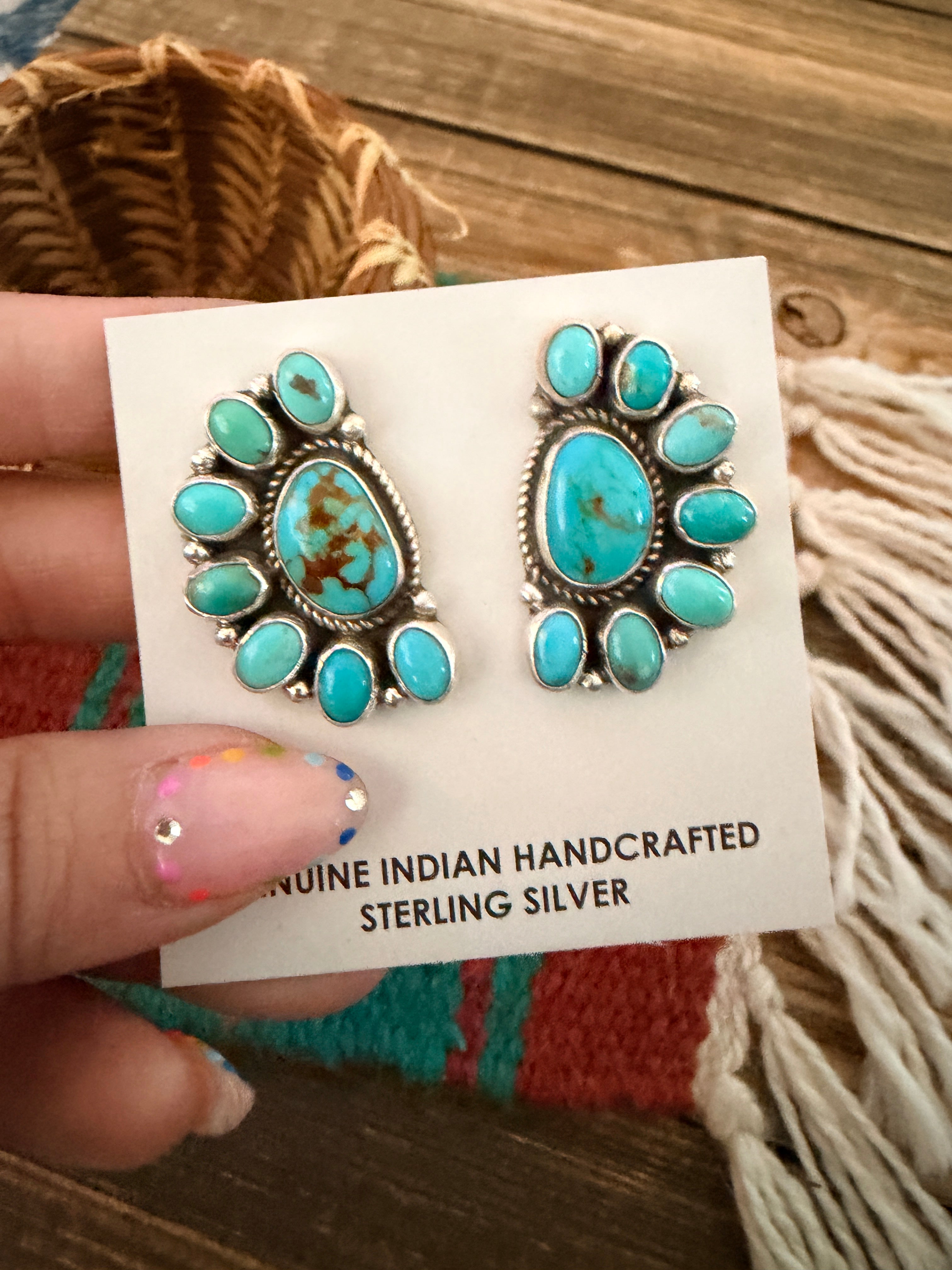 Handcrafted Turquoise & Sterling Silver Cluster Post Earrings