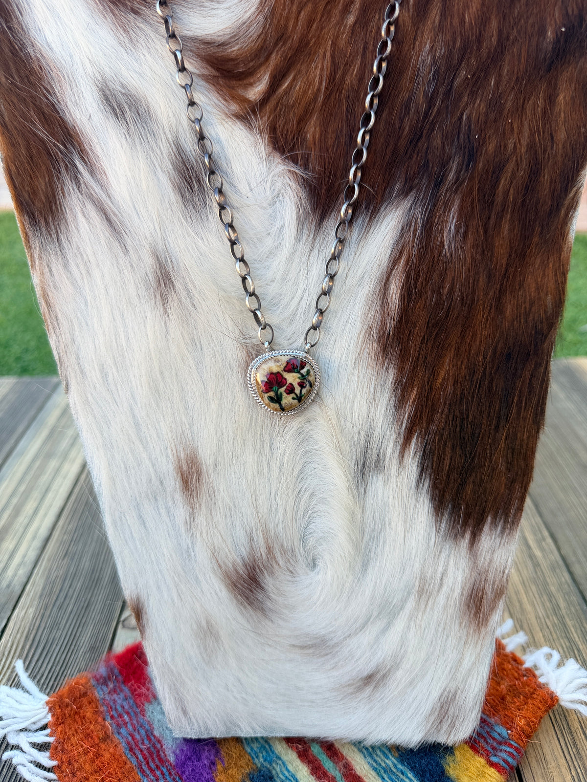 Handmade Sterling Silver & Jasper Painted Flower Necklace