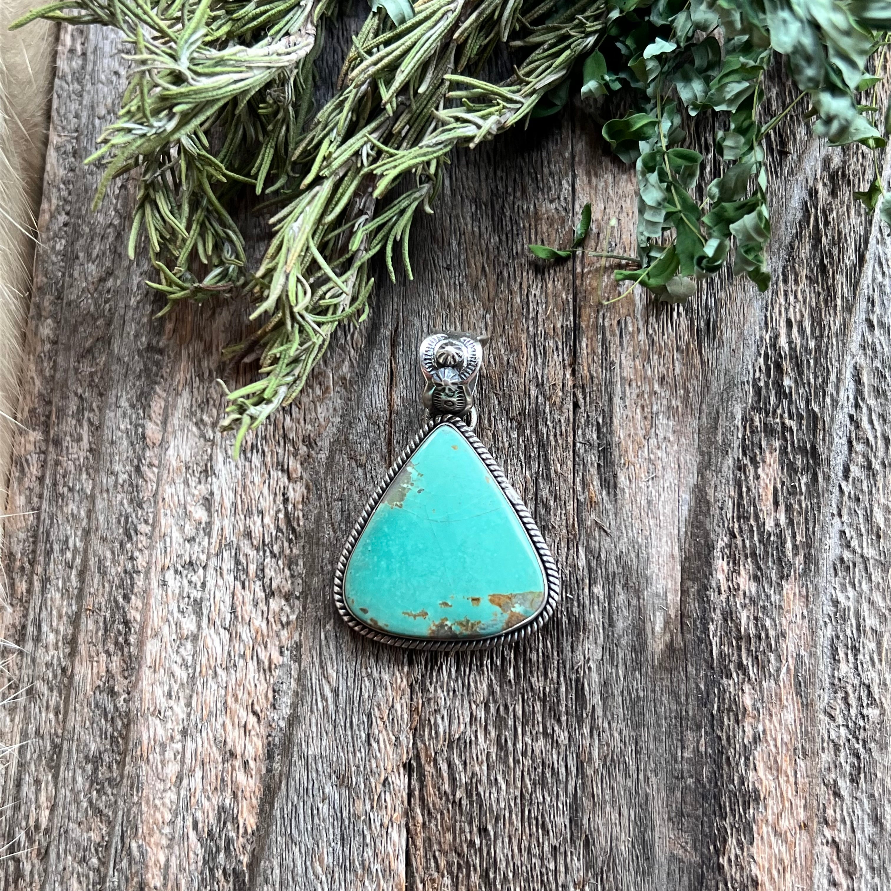 Handmade Green Turquoise Triangle Shaped Sterling Silver Pendant