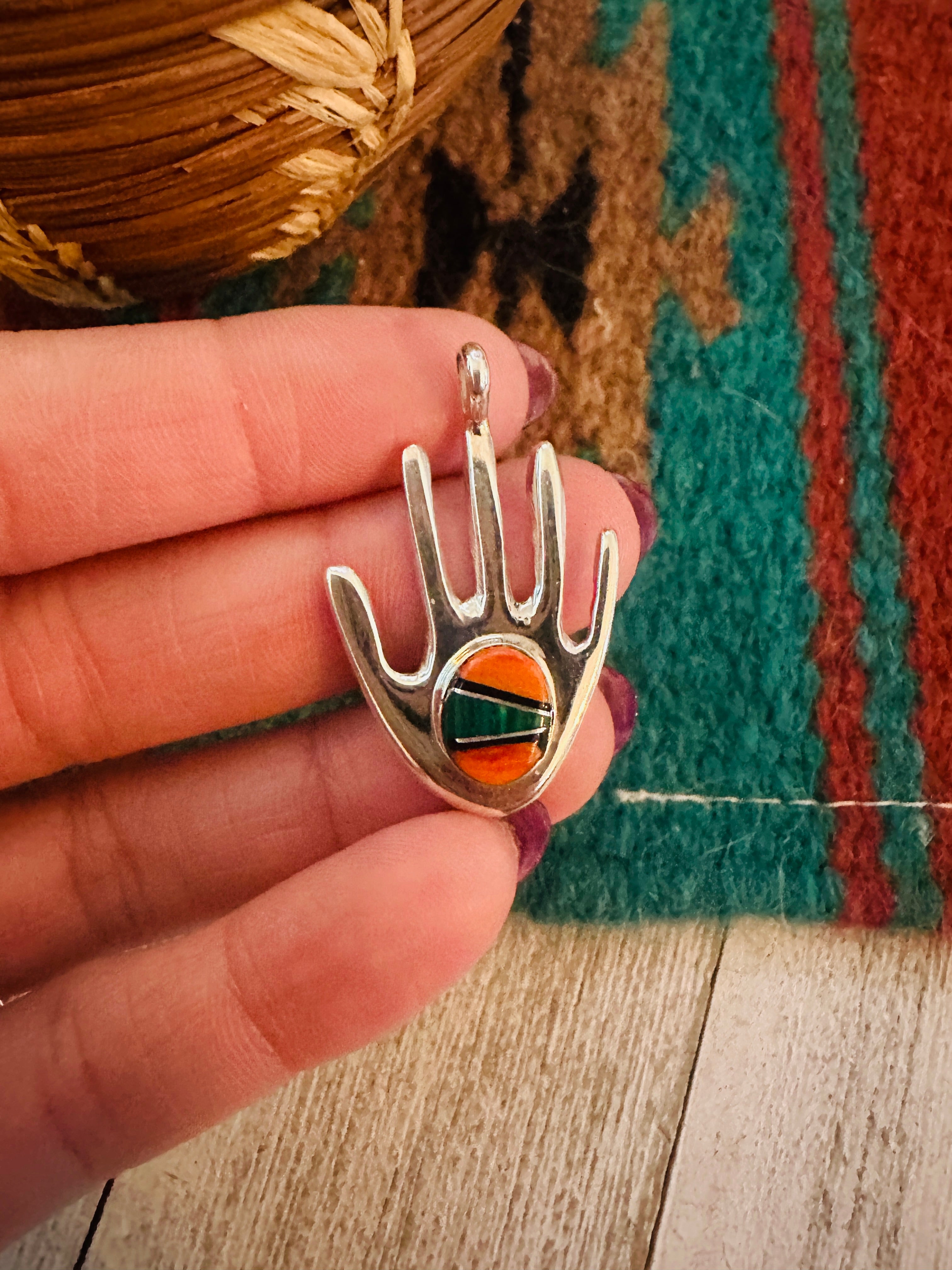 Navajo Multi Stone & Sterling Silver Inlay Hand Pendant