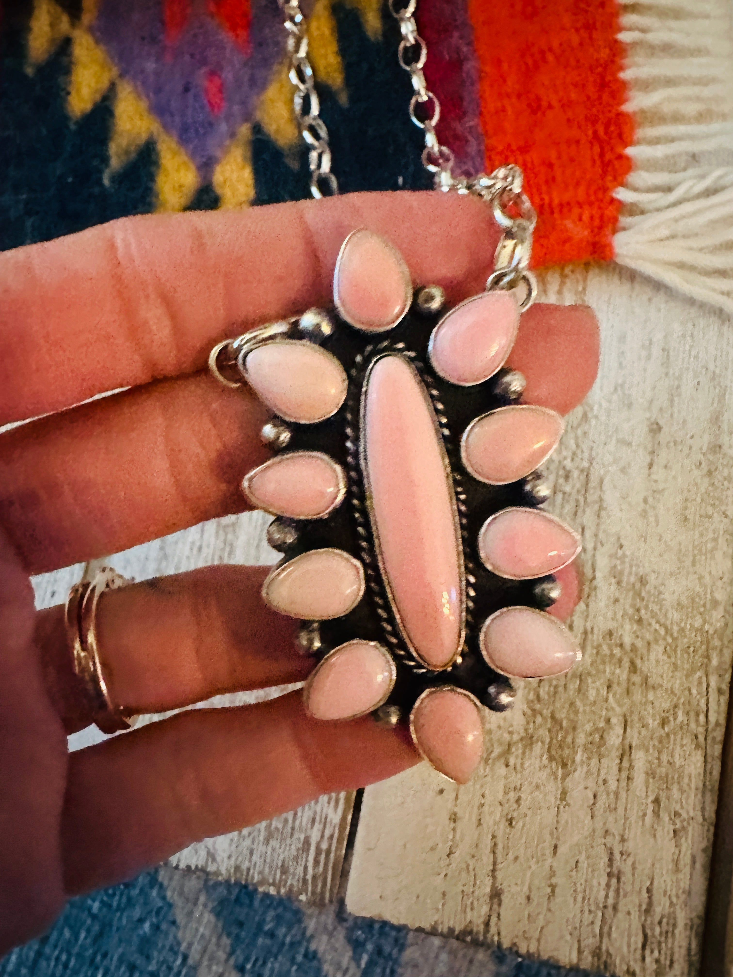 Navajo Sterling Silver & Queen Pink Conch Necklace