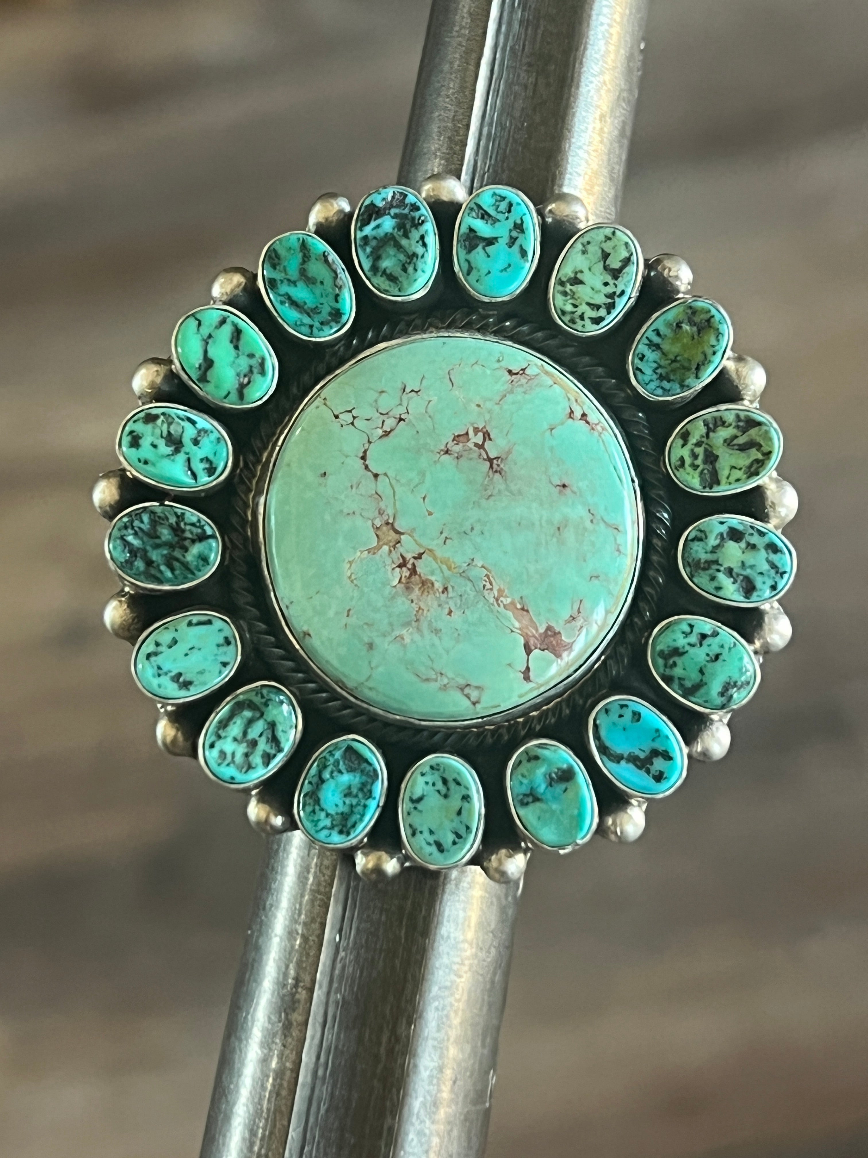 Handcrafted Sterling Silver Around The World Kingman Cluster Ring by Blaine Yellowhorse, Size 7.5