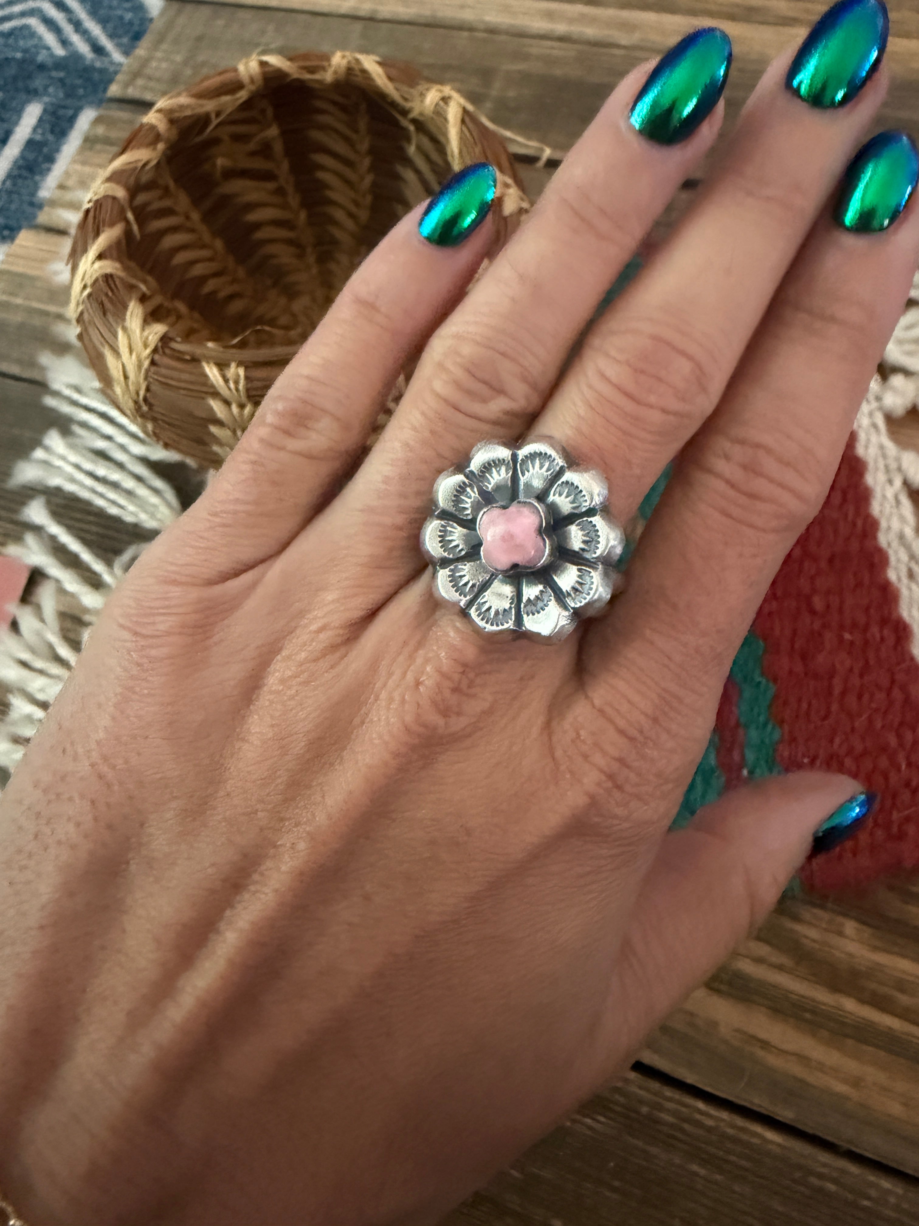 Handcrafted Queen Pink Conch and Sterling Silver Flower Ring size 6.75 by Chimney Butte