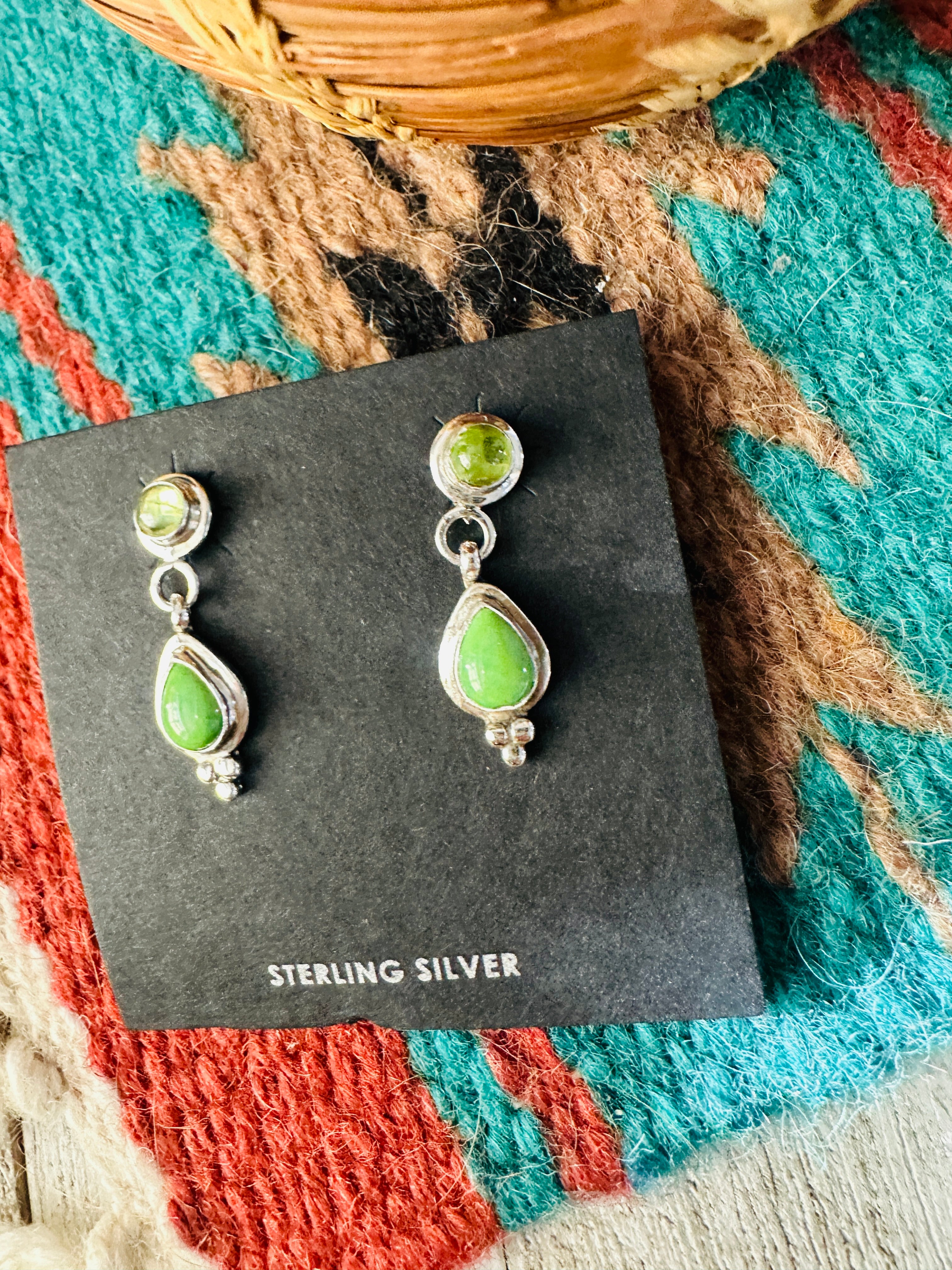 Navajo Gaspeite, Garner & Sterling Silver Dangle Earrings