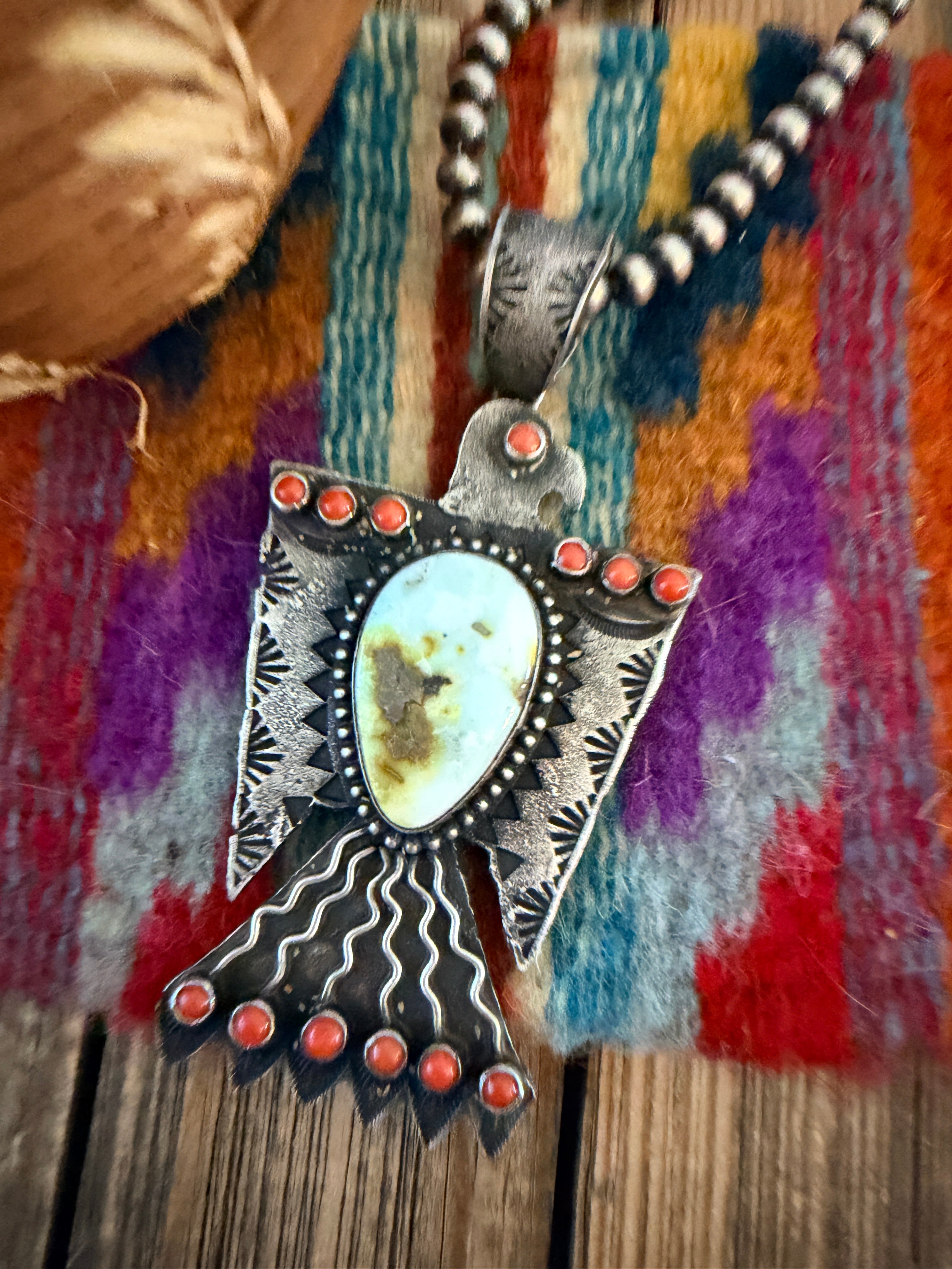 Handcrafted Sterling Silver, Turquoise & Coral Thunderbird Pendant by Shawn Cayatineto