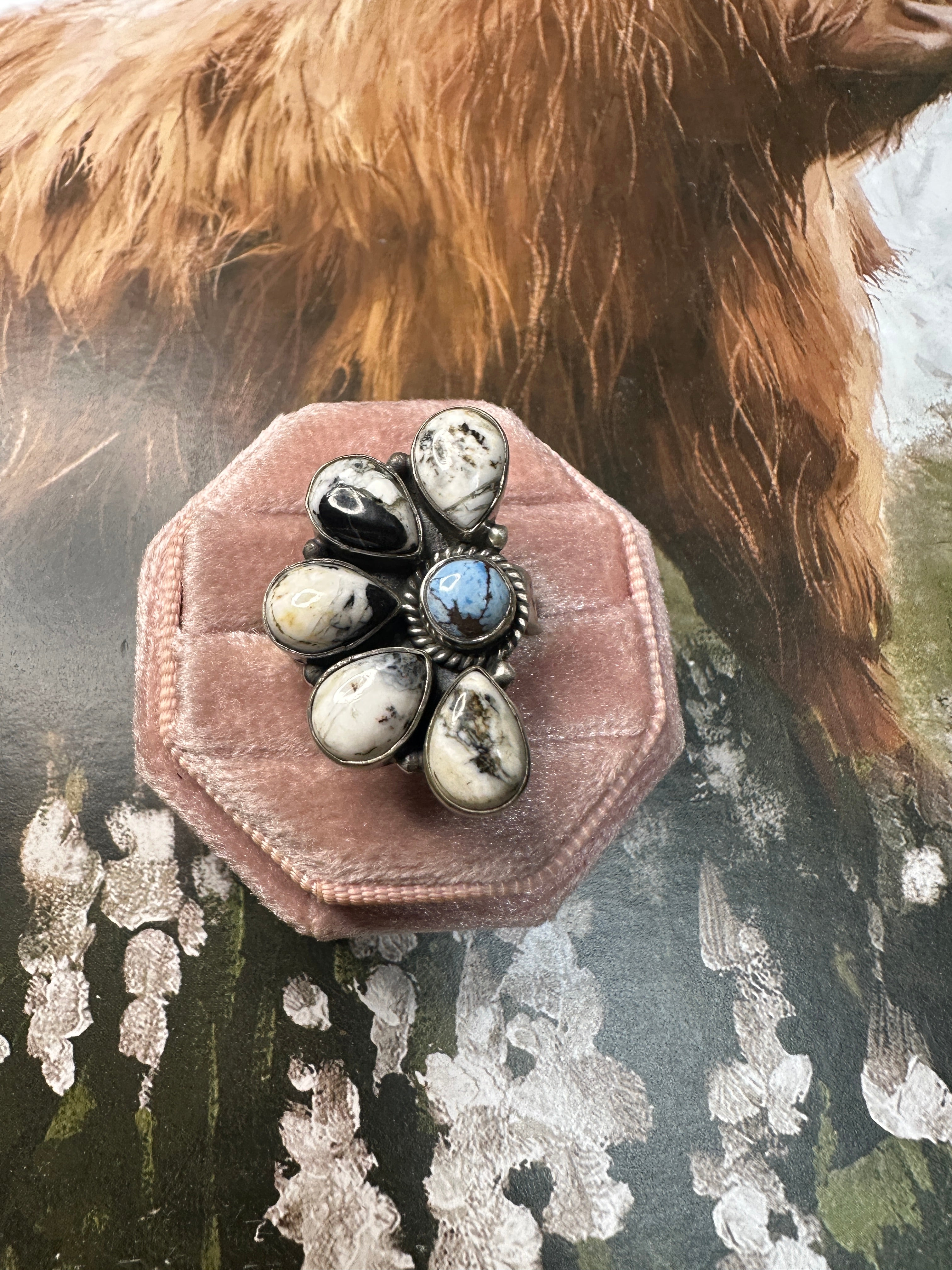 Beautiful Handmade Sterling Silver, Golden Hills Turquoise & White Buffalo Adjustable Crescent Ring