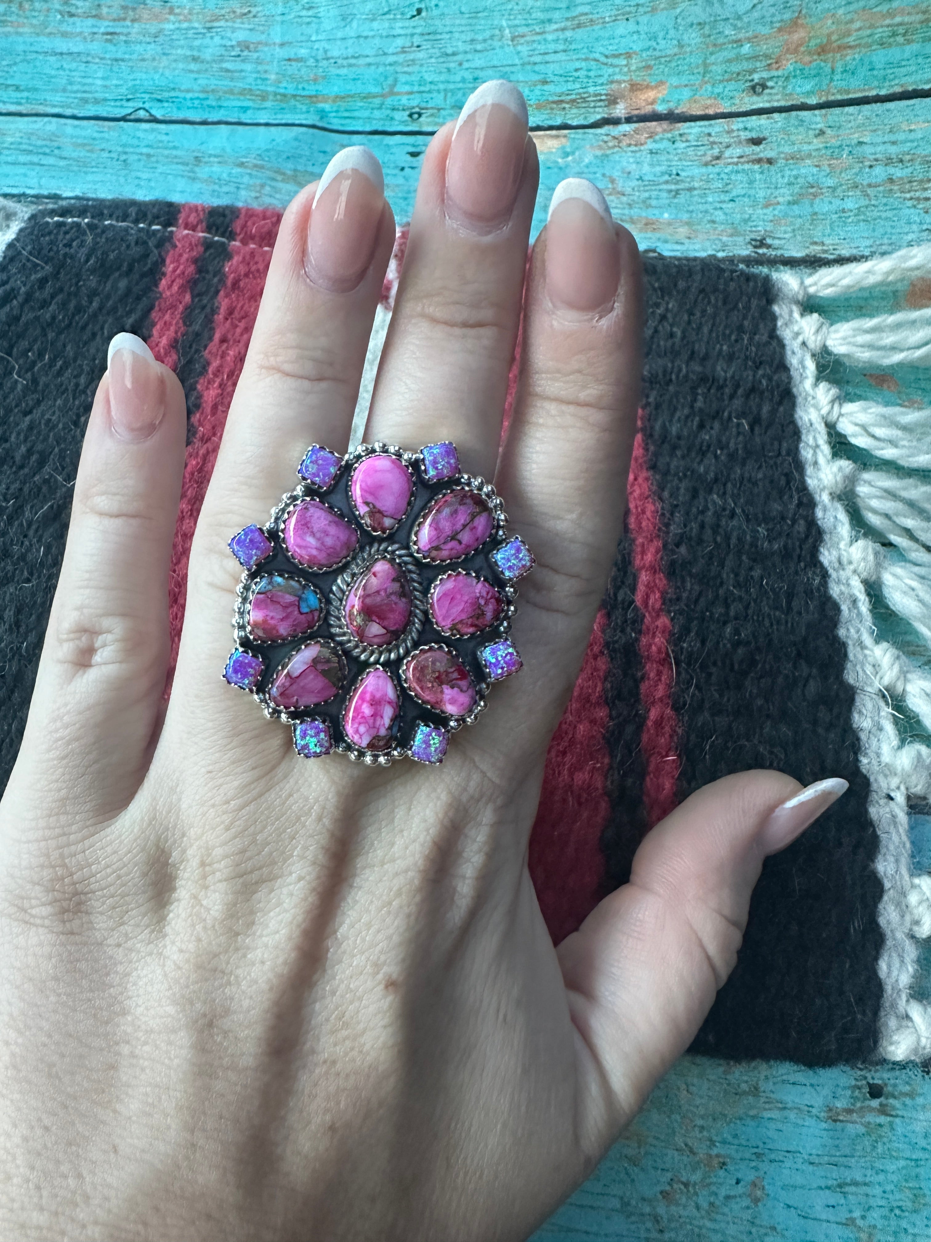 Beautiful Handmade Pink Dream Mojave, Fire Opal  And Sterling Silver Adjustable Cluster Ring