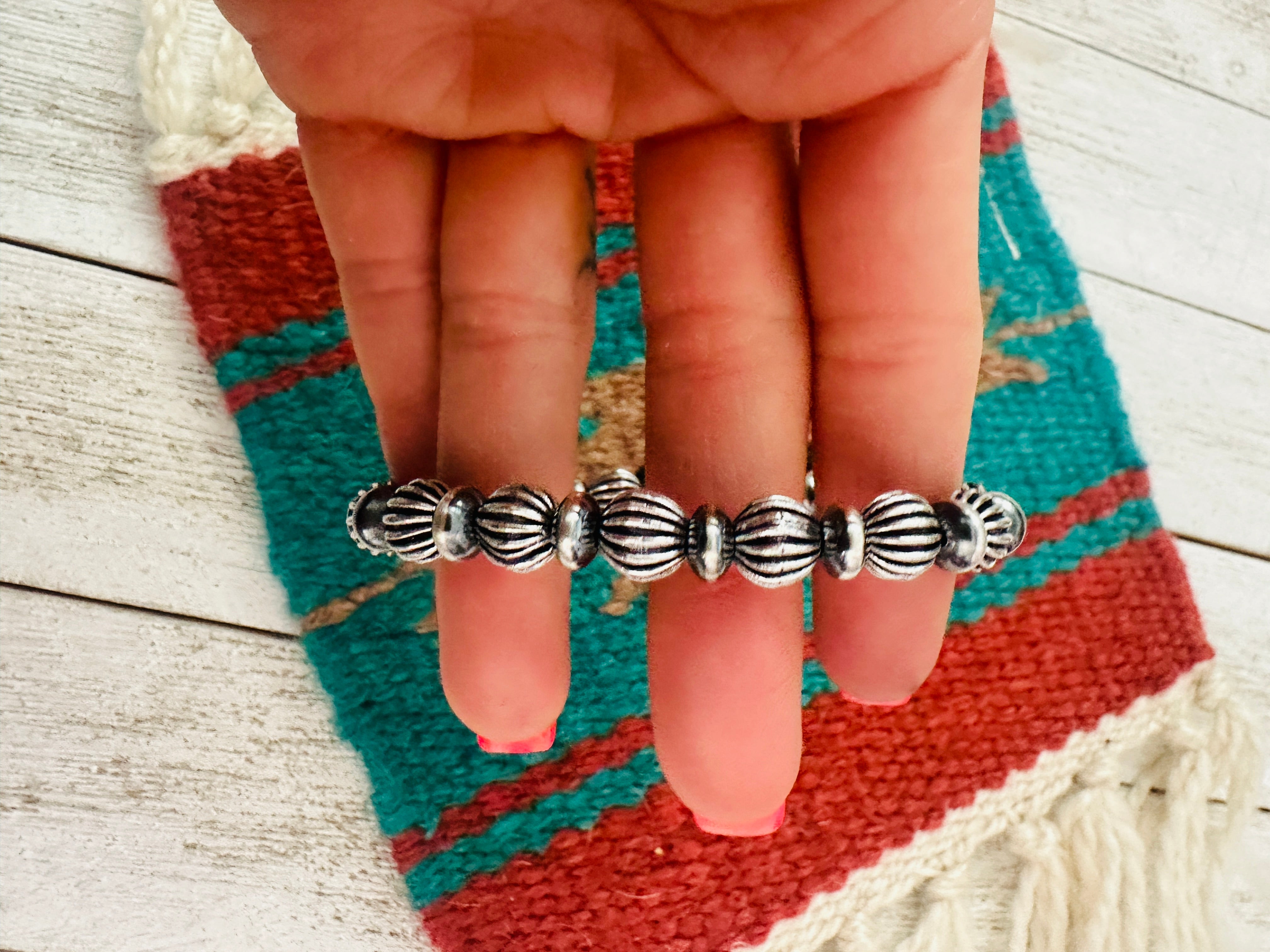 Navajo 8mm Sterling Silver Beaded Stretch Bracelet