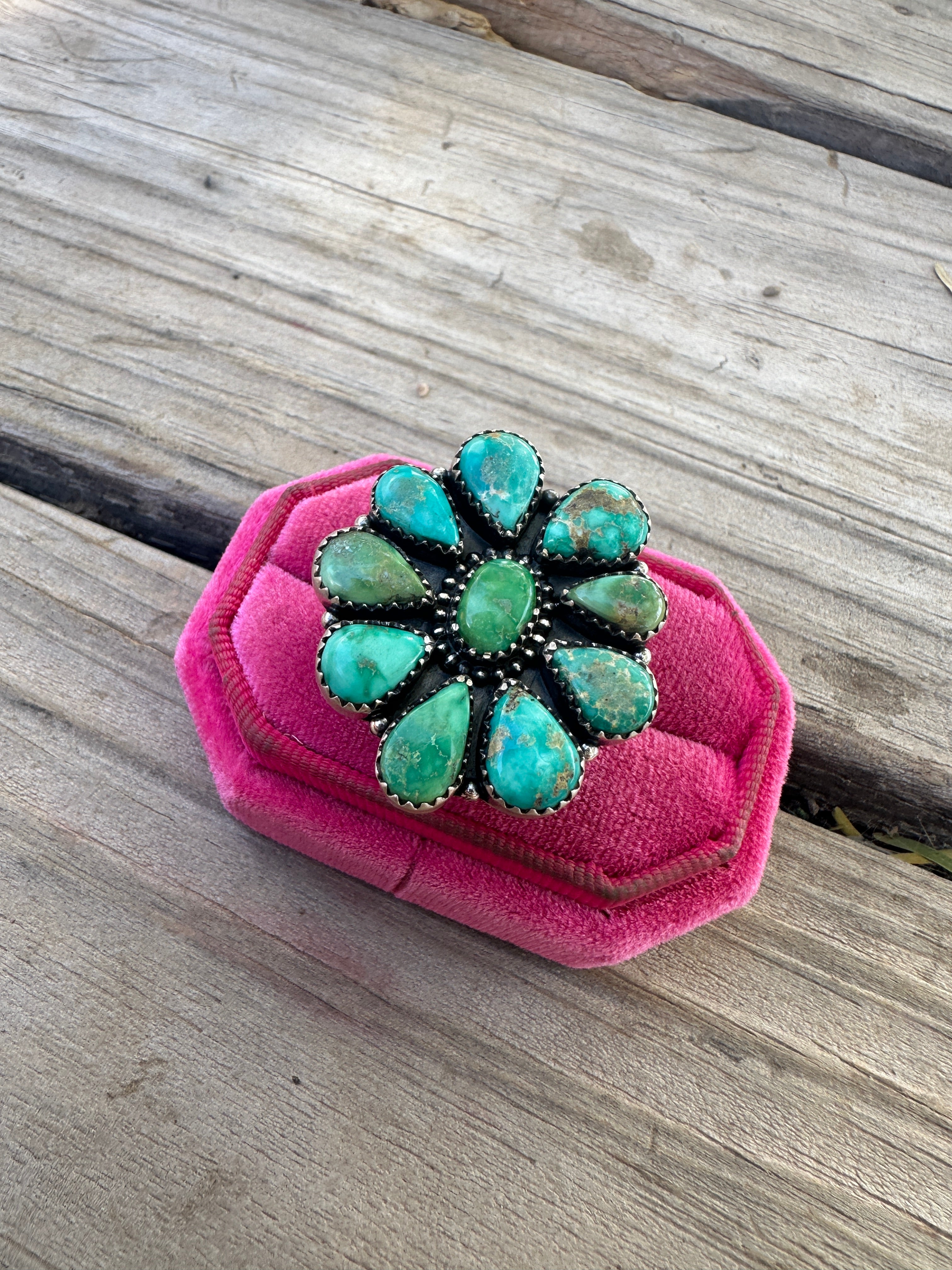 Handmade Emerald Valley Turquoise & Sterling Silver Adjustable Cluster Ring