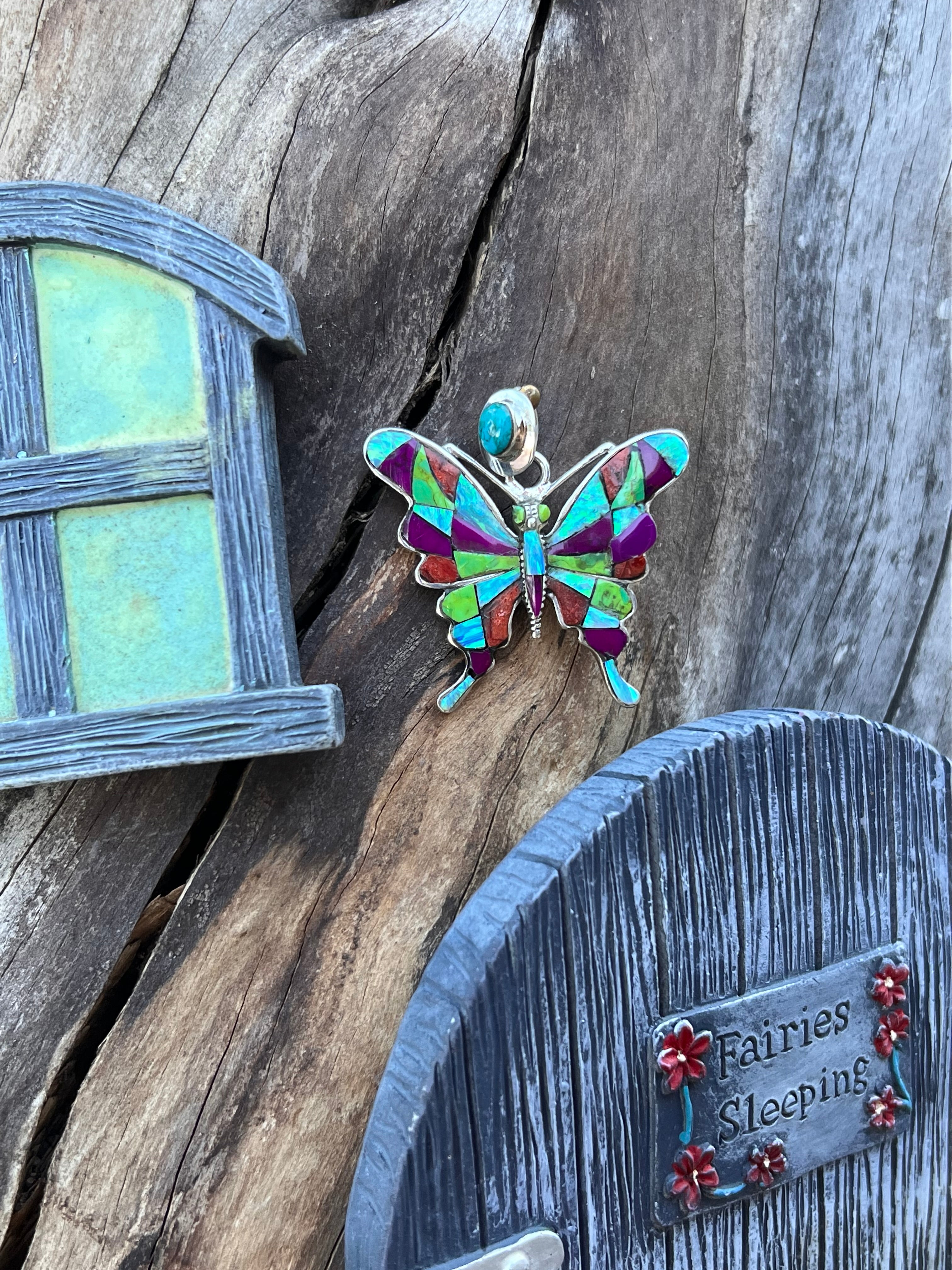 Handmade Sterling Silver Multi Stone Inlay Turquoise Butterfly Pendant