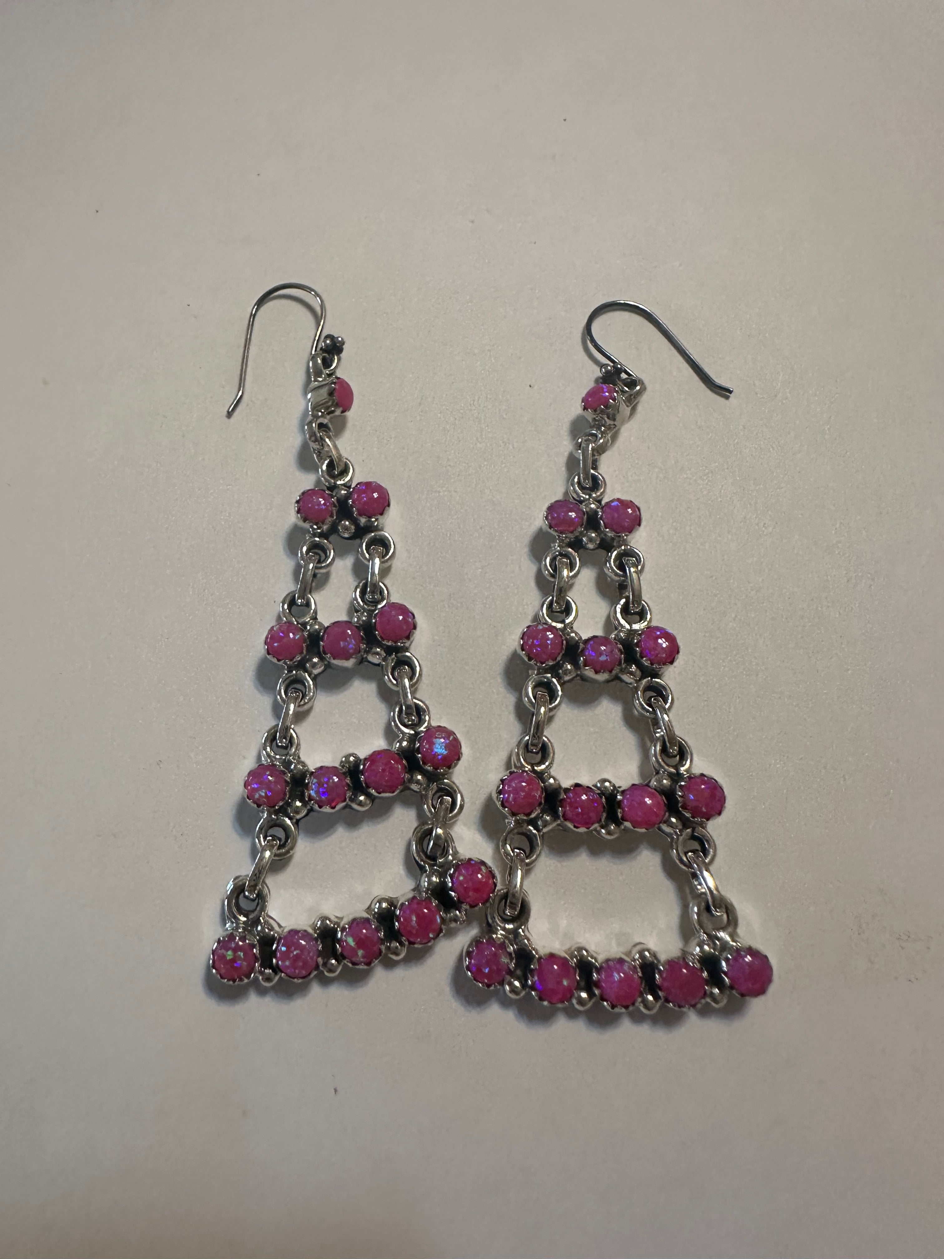 Handmade Hot Pink Fire Opal and Sterling Silver Dangle Earrings