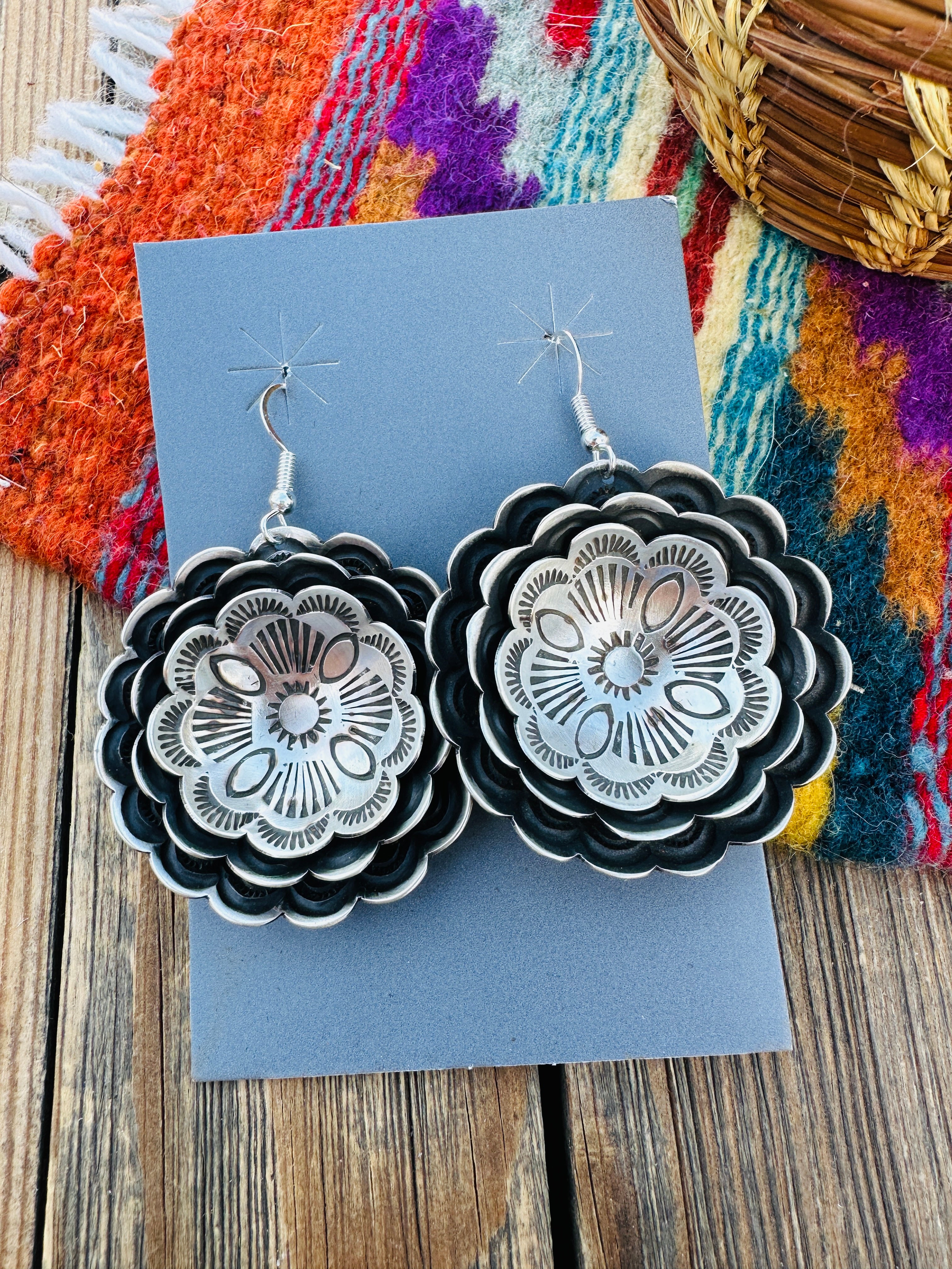 Handcrafted Sterling Silver Concho Dangle Earrings by Leander Tahe