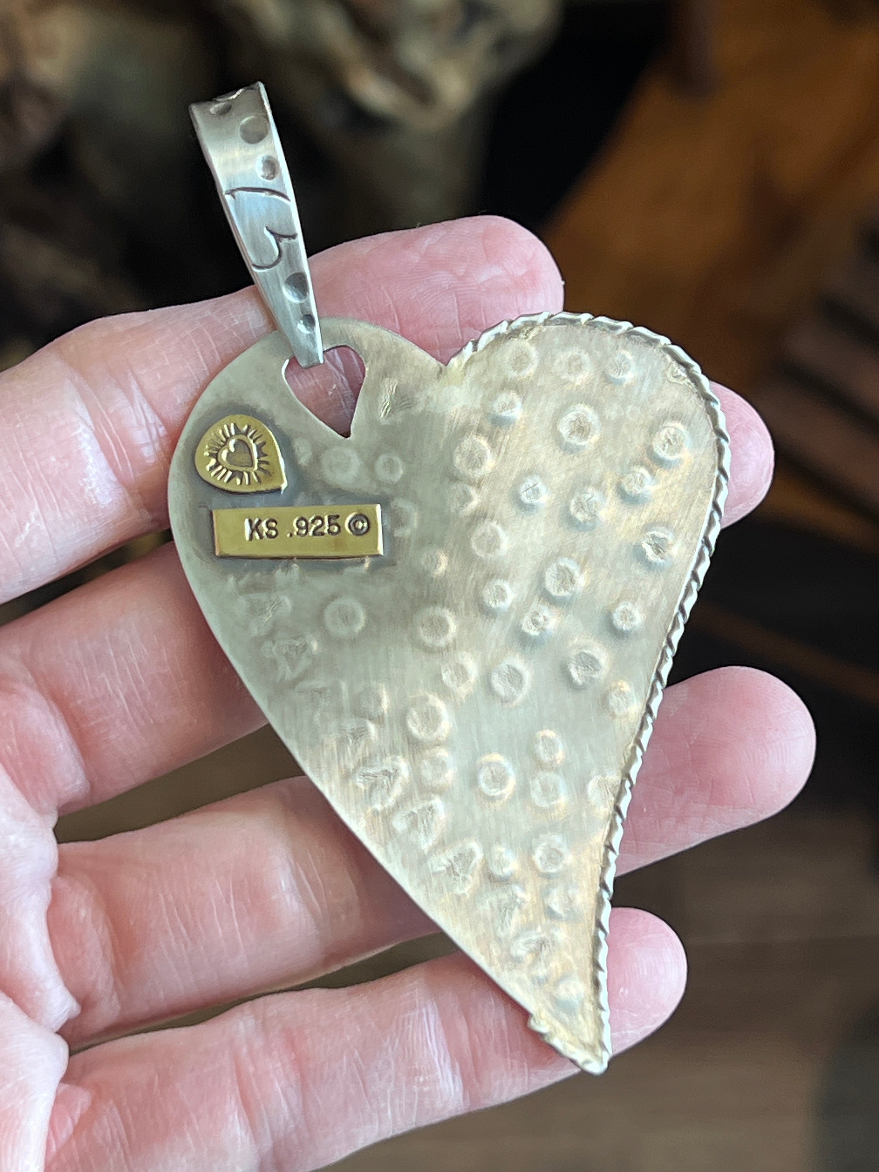 Kimari Somers Hand Stamped Sterling Silver, Brass, Copper & Spiny Oyster ‘Triple Shot’ Pendant